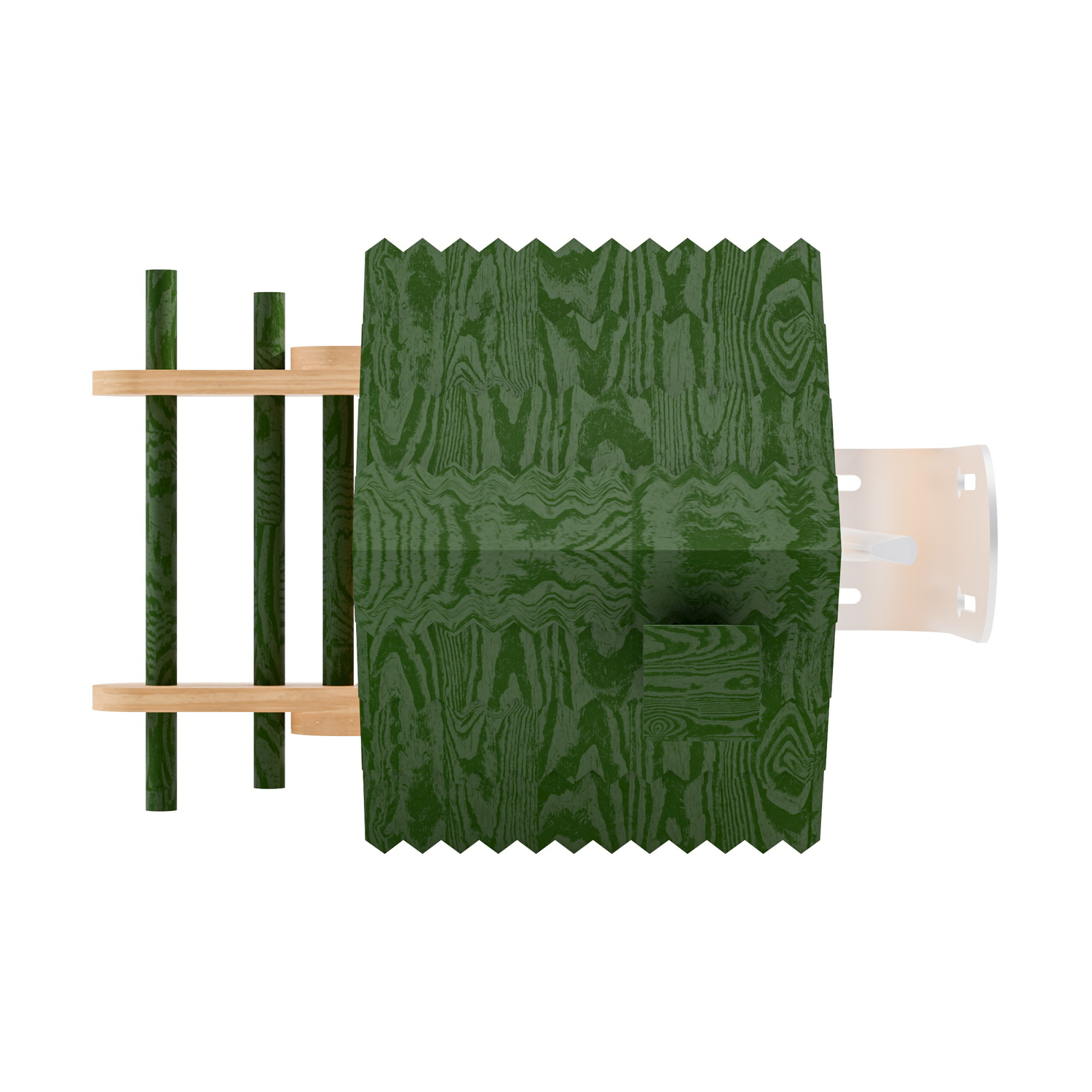 Recinzione in legno verde con doghe di legno e oggetto bianco dietro.