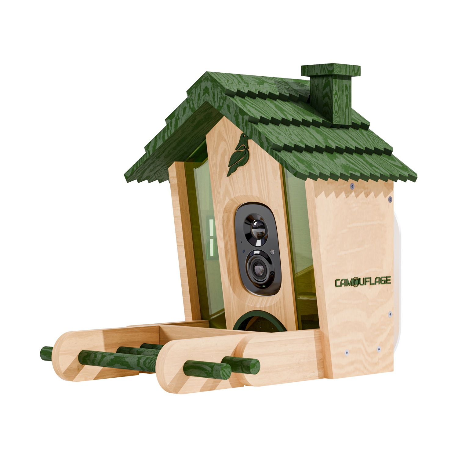Una casetta per uccelli con telecamera, finitura in legno, tetto verde.