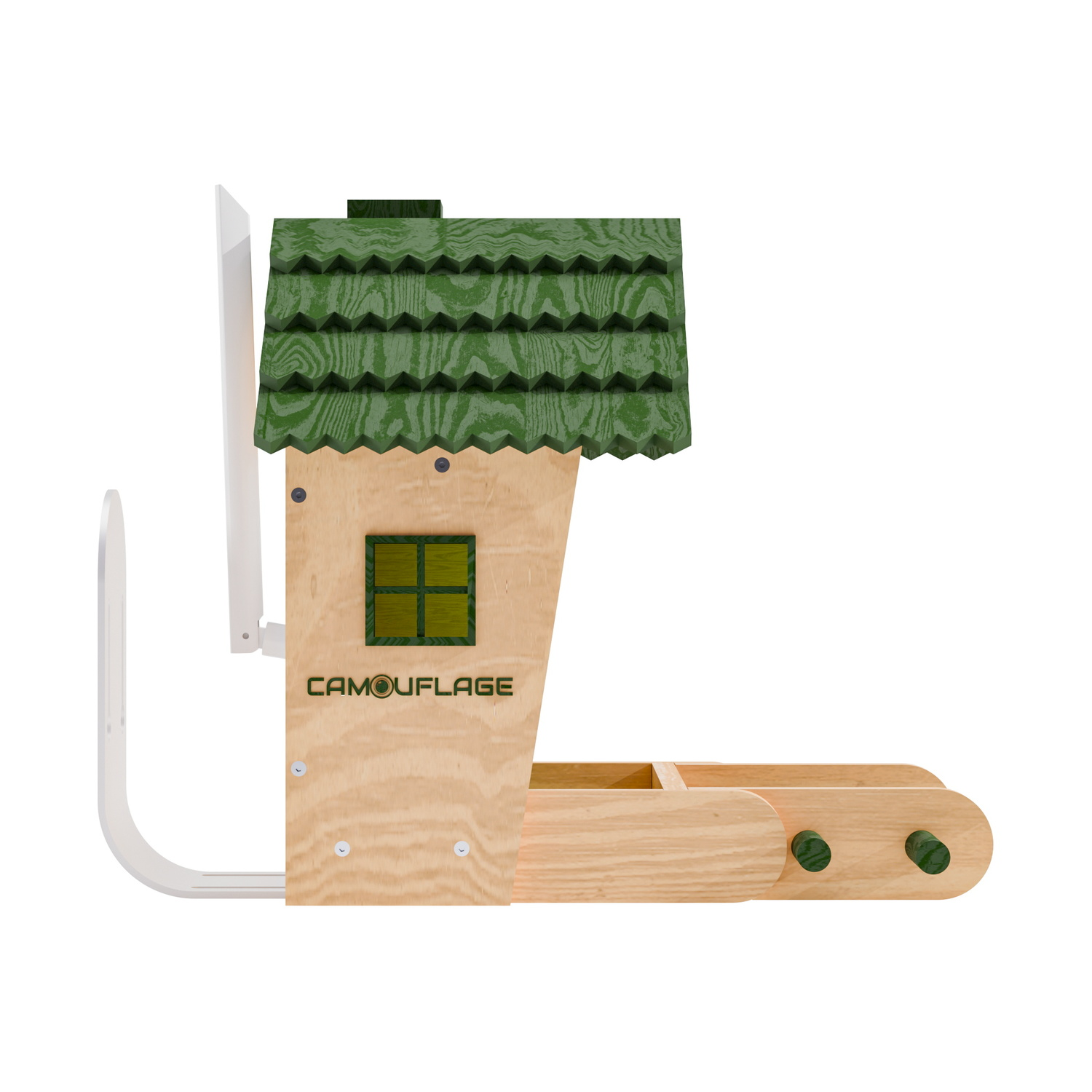 Una slitta in legno a forma di casa, tetto verde, finestra e testo 'CAMOUFLAGE'.