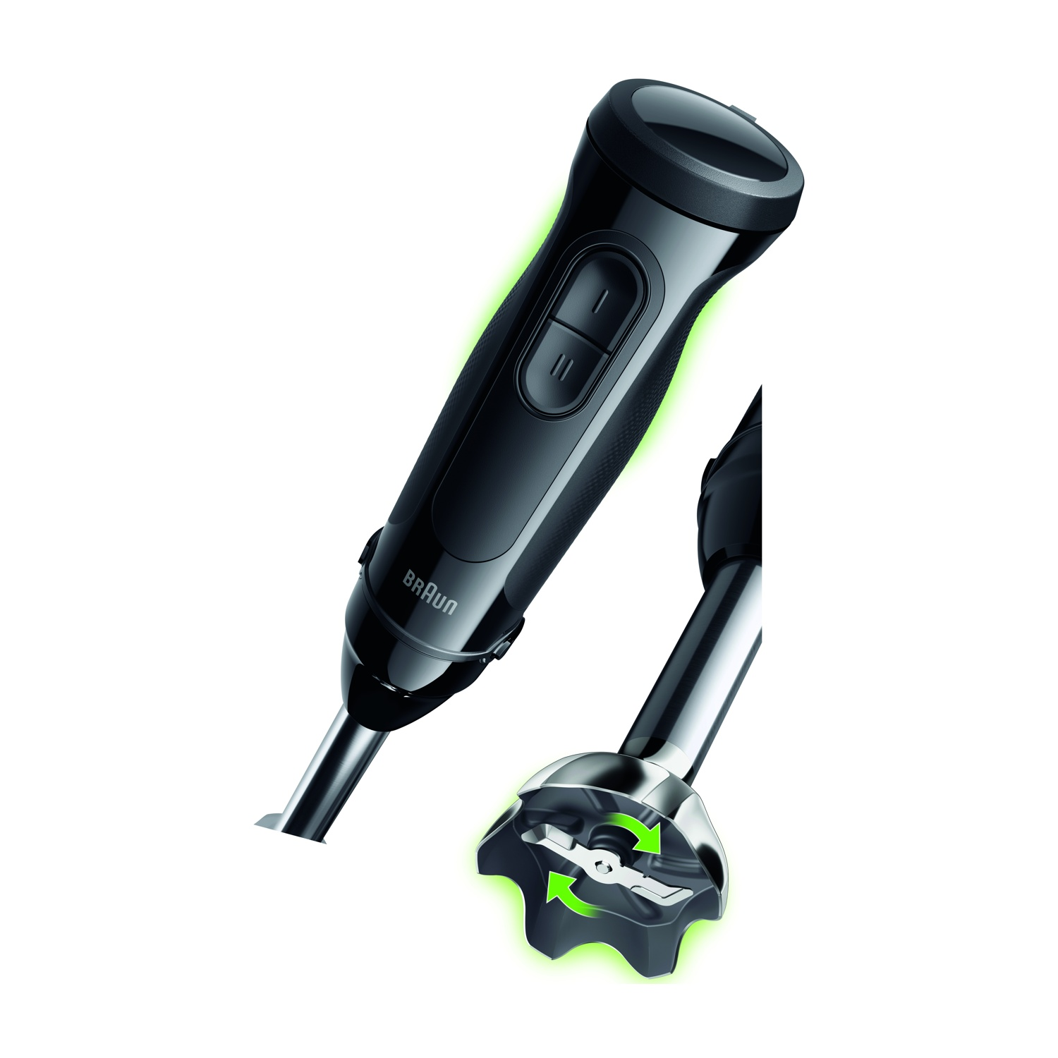 Czarny blender ręczny z ostrzem ze stali nierdzewnej i zielonymi strzałkami.