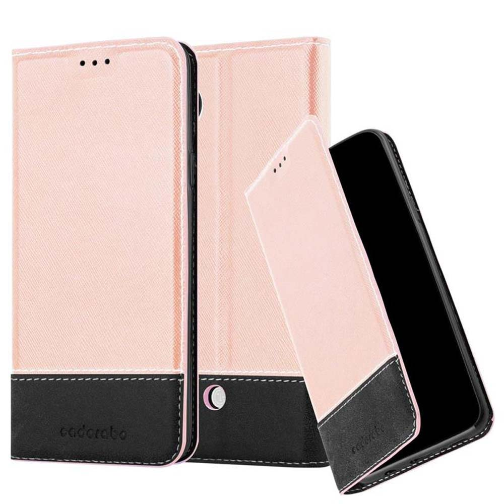 Un juego de funda de teléfono rosa y negra con tres recortes arriba.