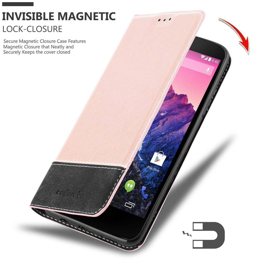 Una funda rosa para teléfono con inserción negra y teléfono dentro, con cierre magnético.