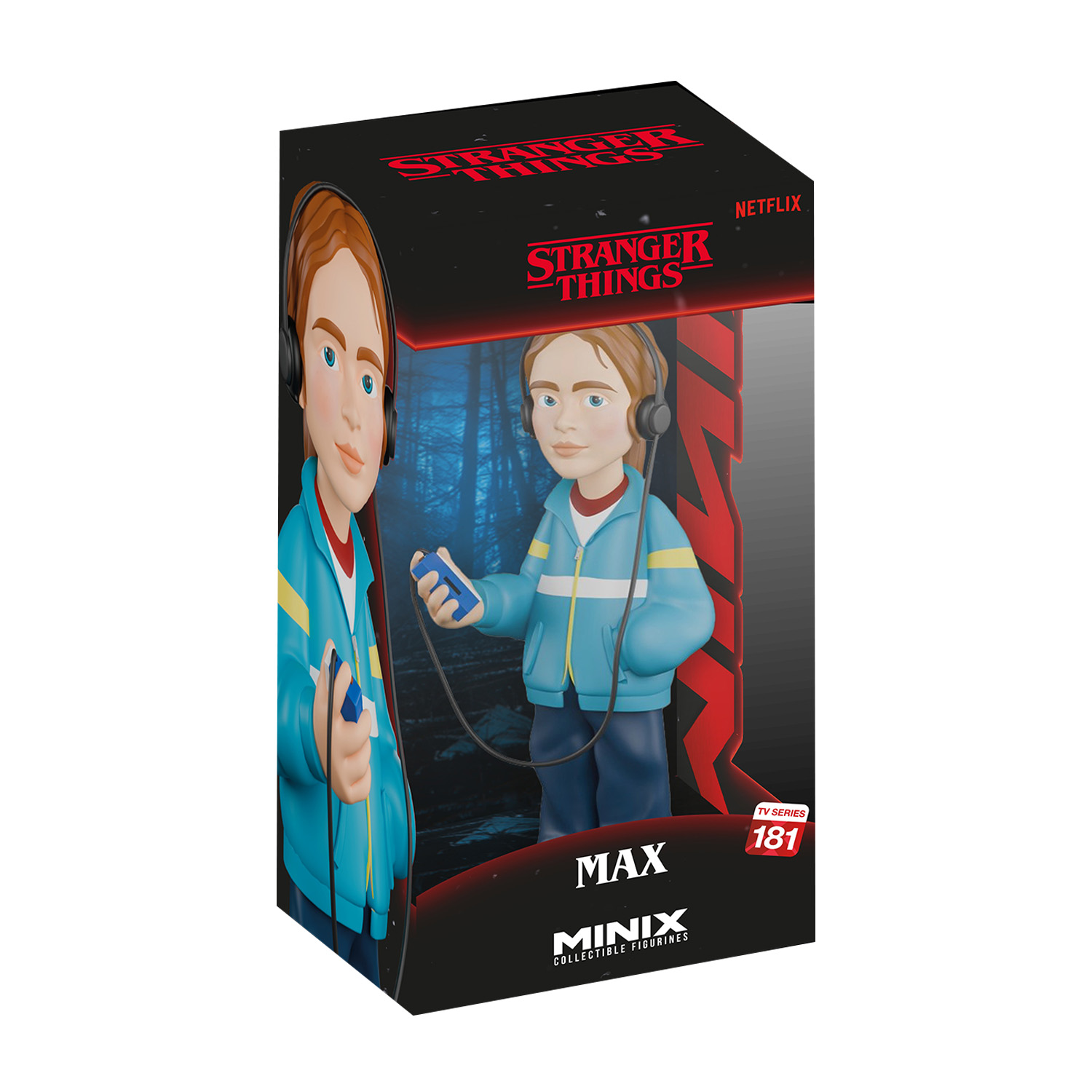 Statua di Max di Stranger Things in scatola, con cuffie e lettore di cassette.
