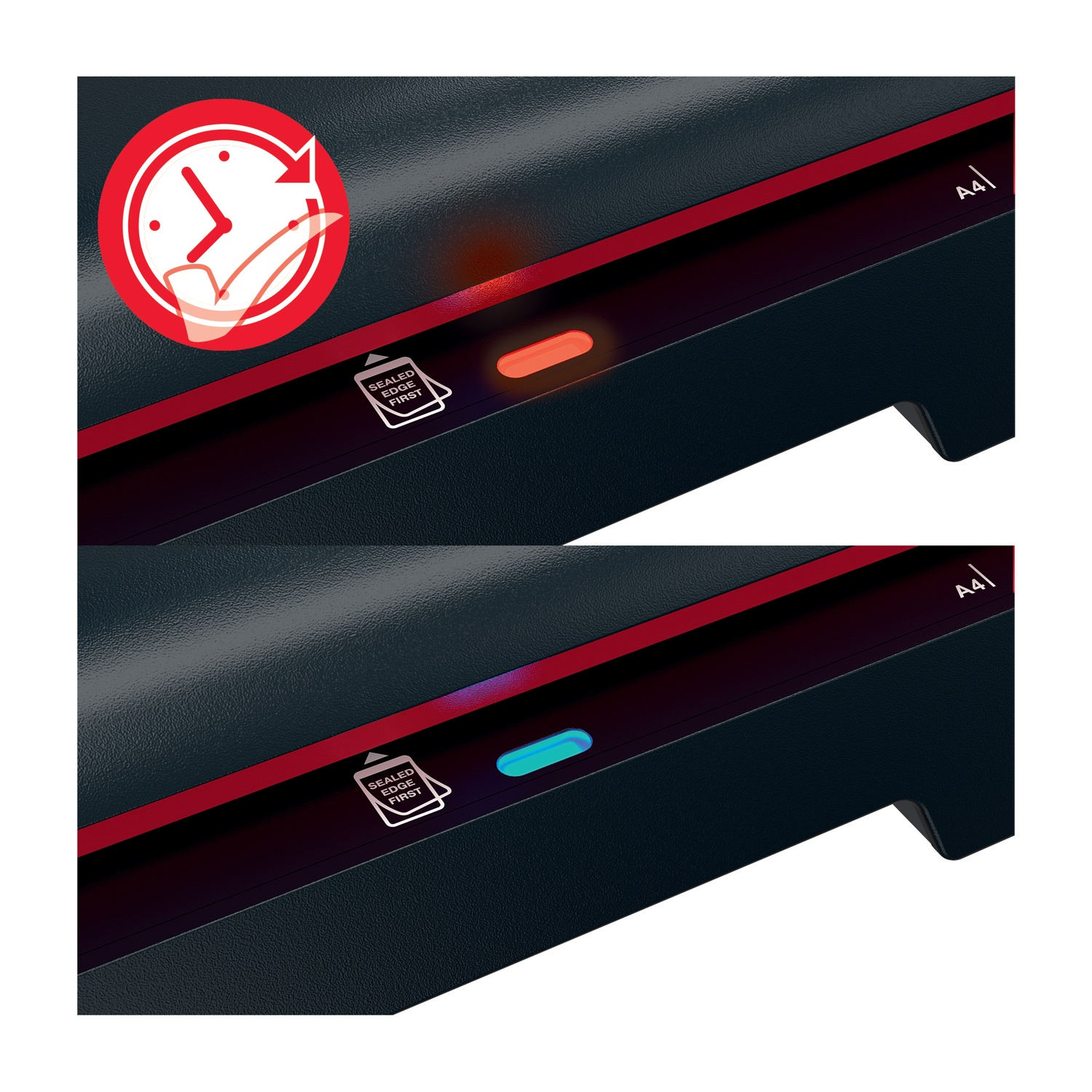 Ein rotes und ein blaues Licht auf einem schwarzen Gerät mit A4-Markierung.