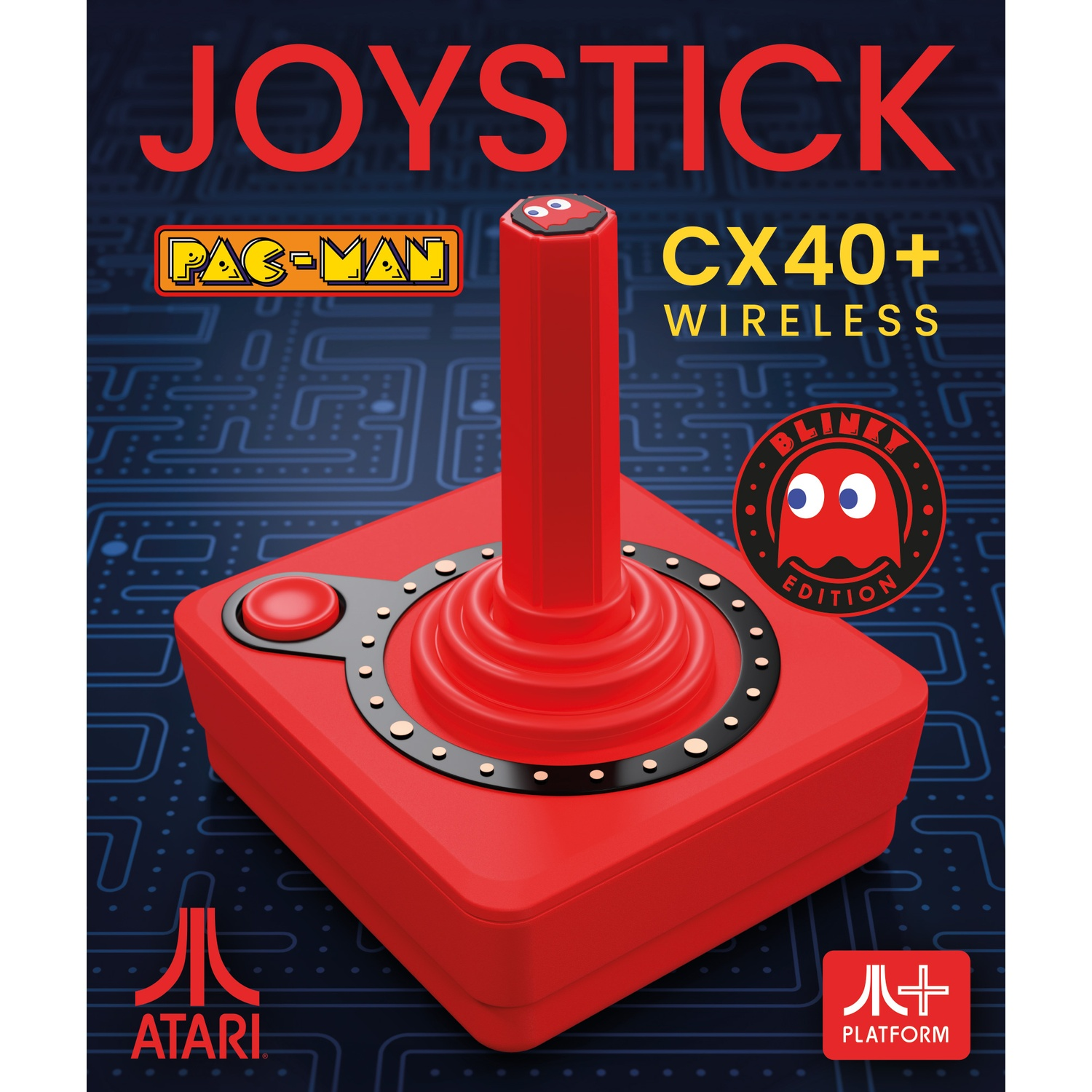 Un joystick wireless rosso Pac-Man CX40+ con logo Blinky su sfondo scuro.