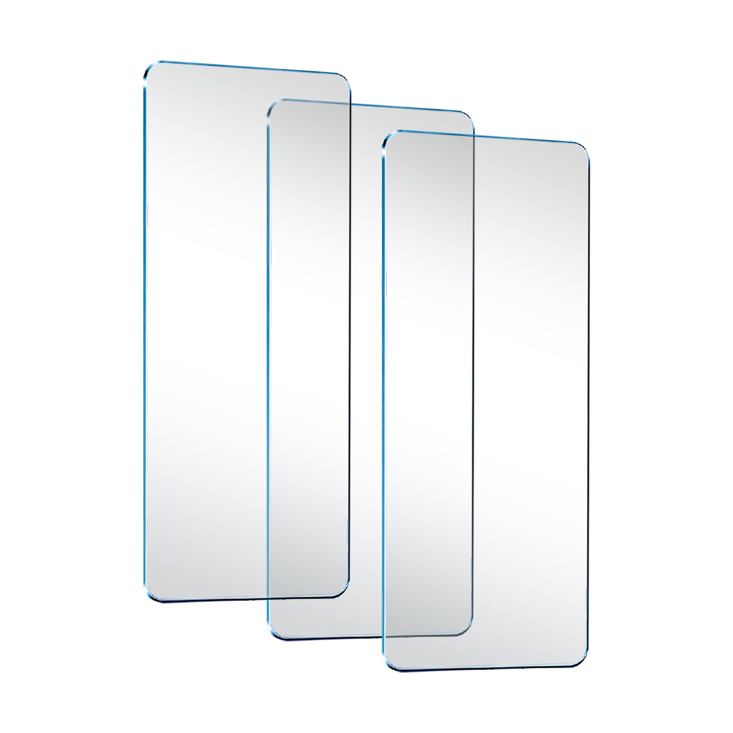 Trois protecteurs d'écran transparents aux bords bleus, disposés côte à côte.