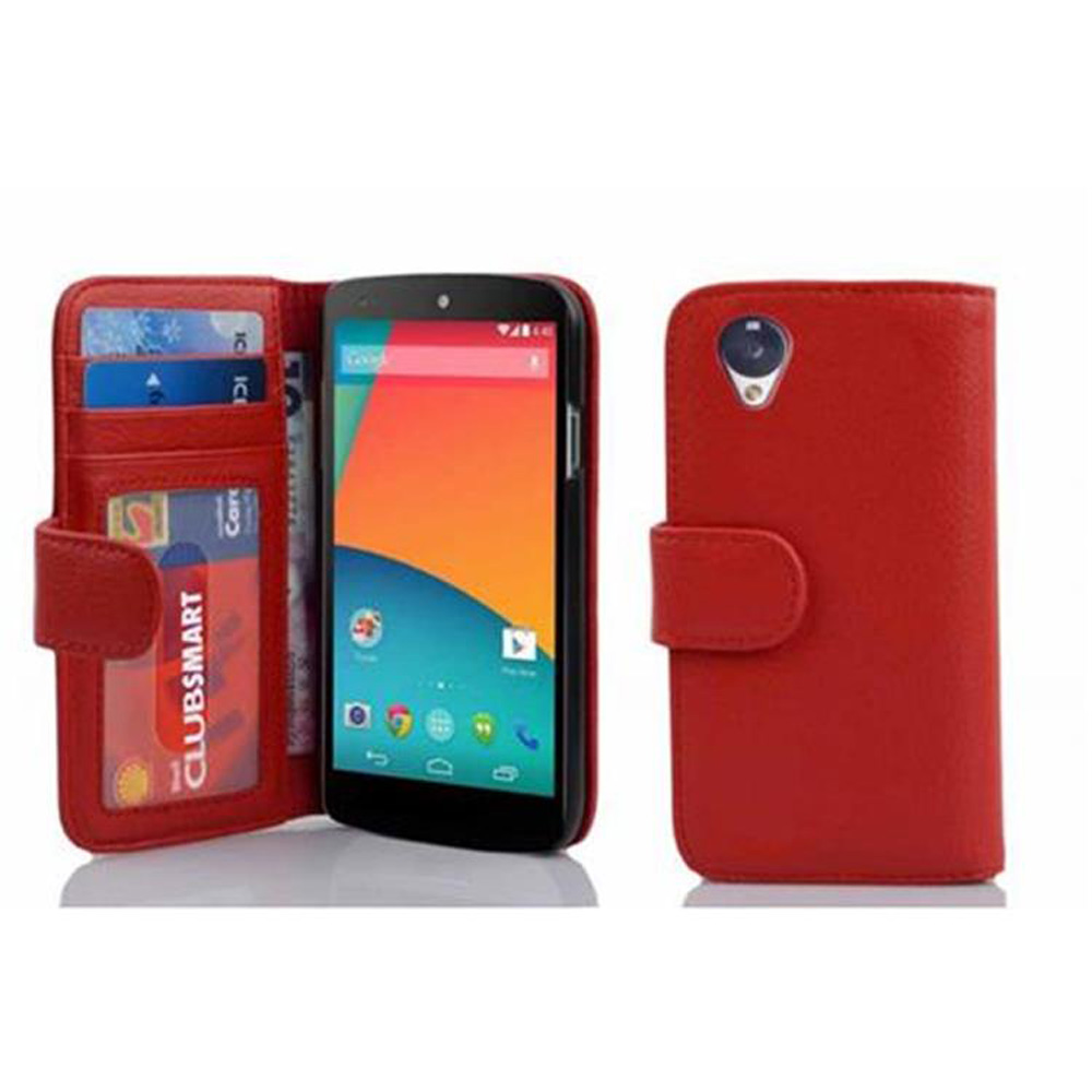 Funda tipo cartera de cuero rojo para smartphone con ranuras para tarjetas.