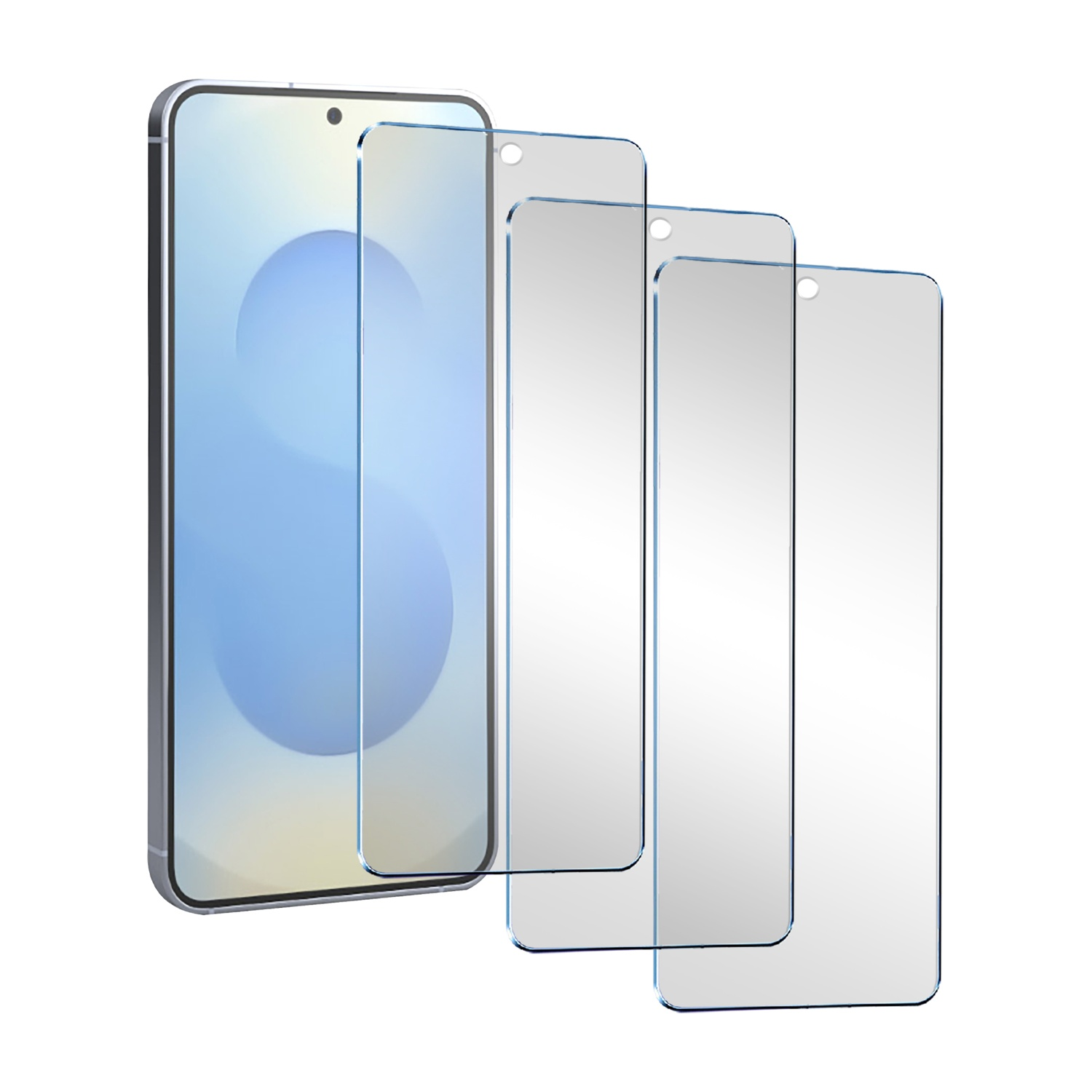 Uno smartphone con tre protezioni per lo schermo accanto.