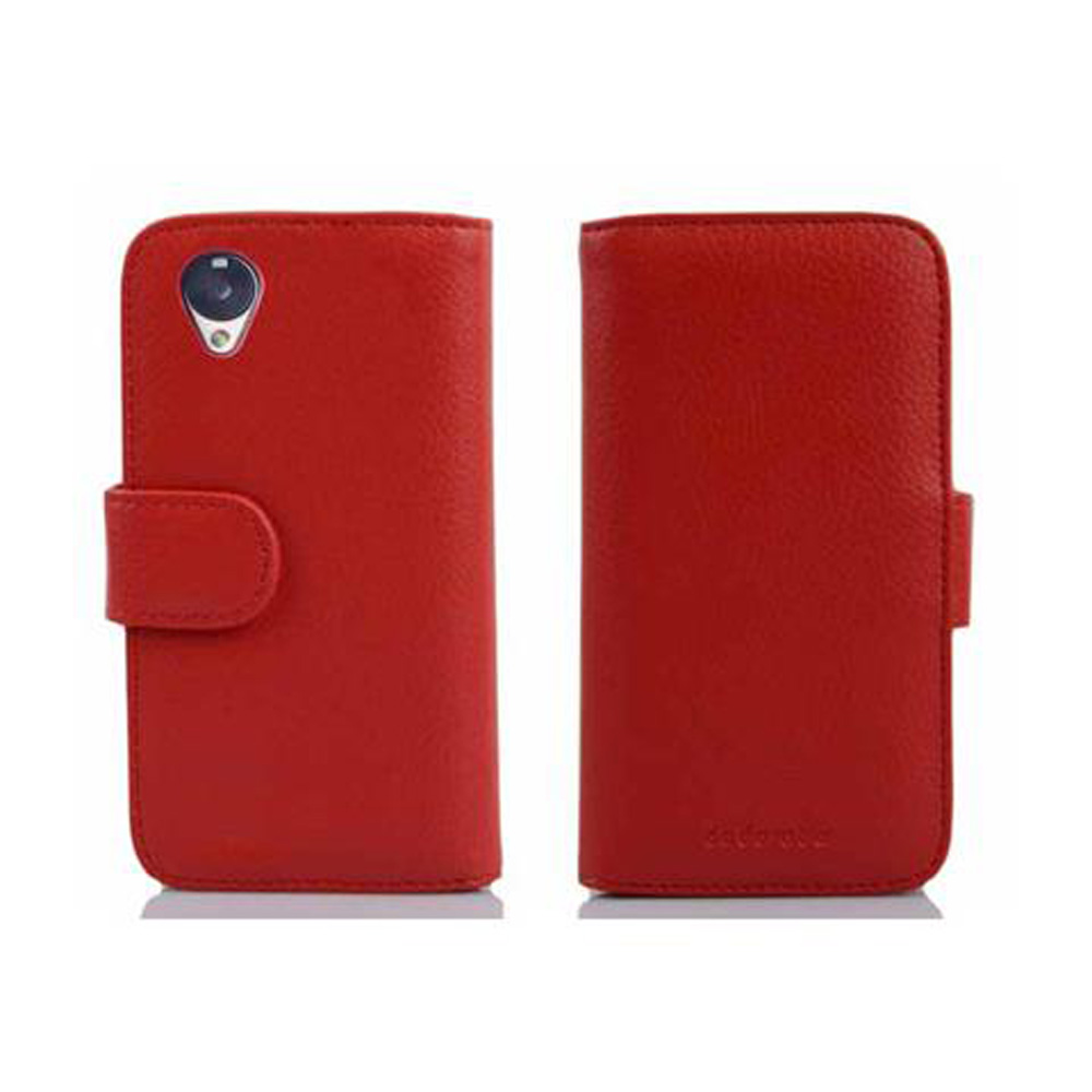 Dos fundas rojas de cuero para teléfono, una abierta mostrando cámara, una cerrada.