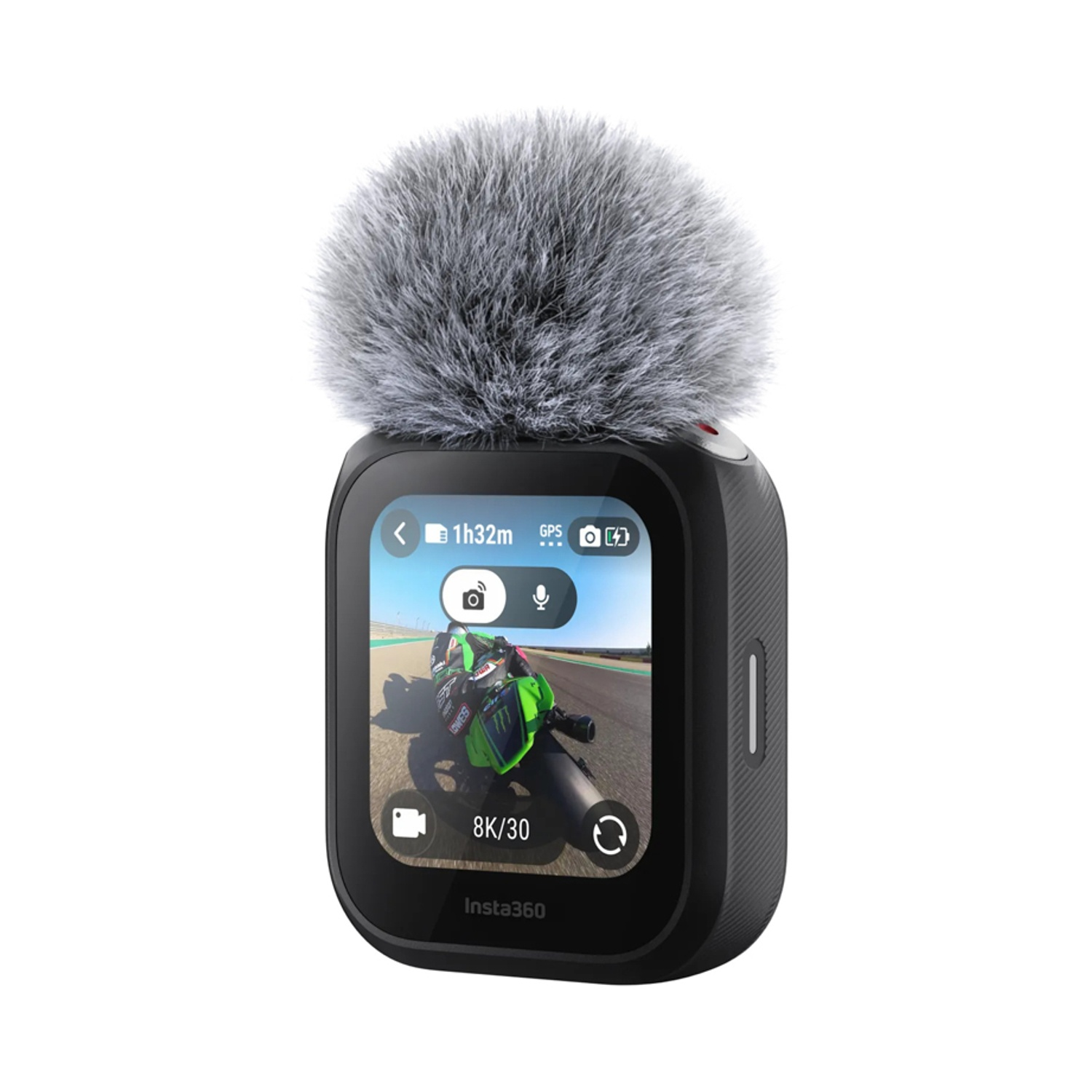 Telecamera con microfono, schermo mostra gara moto.