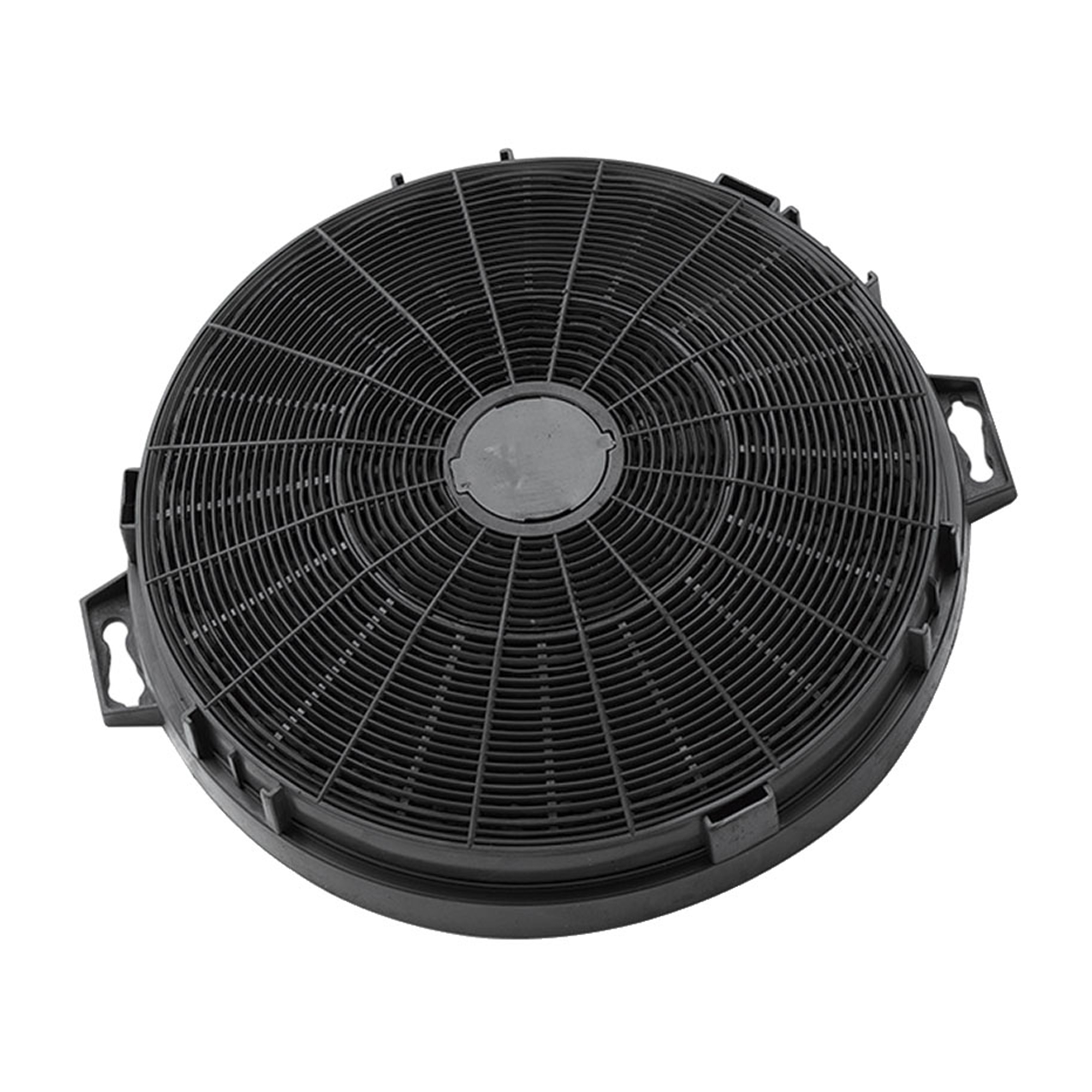 Un filtro de carbón circular negro para campana extractora, con patrón de rejilla.