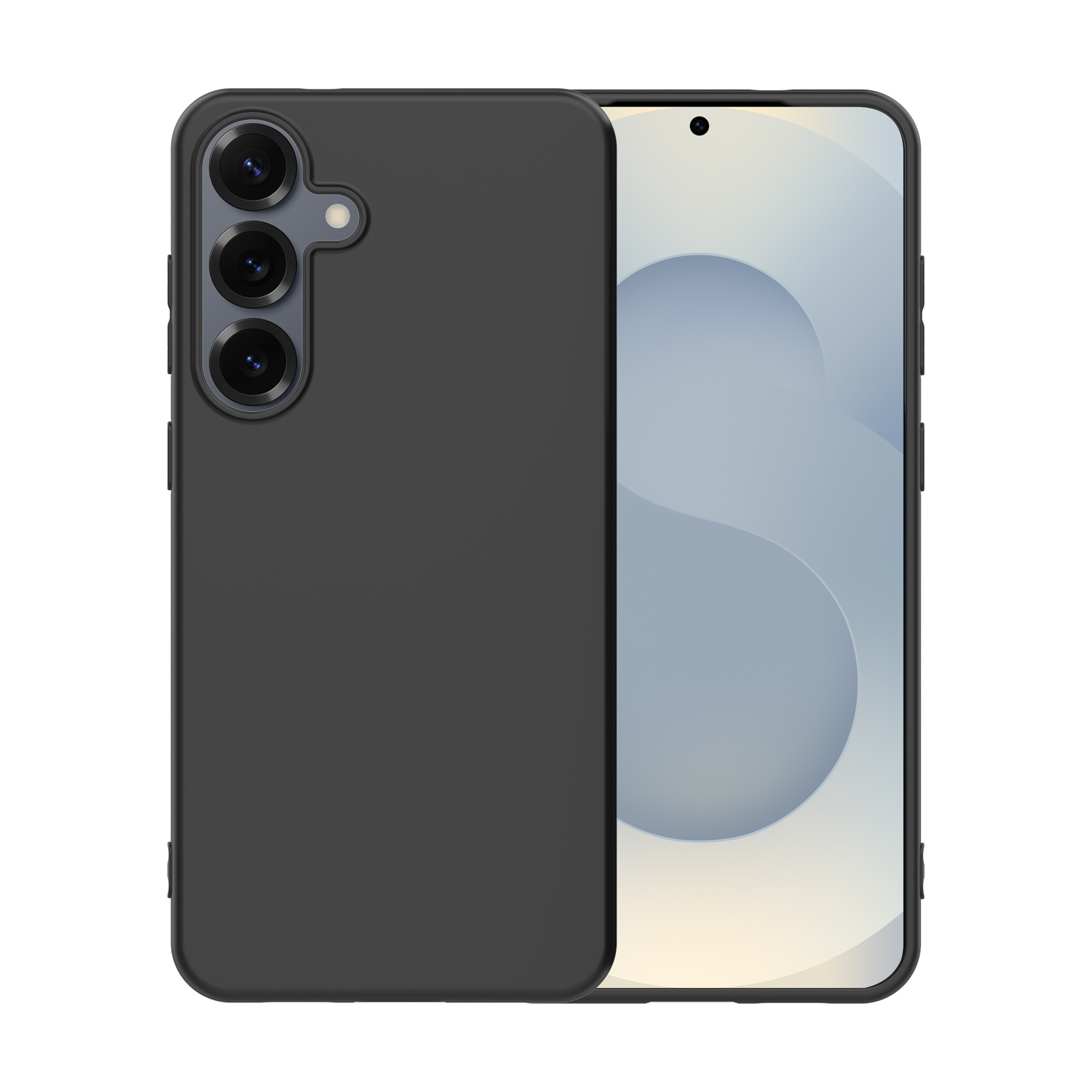 Custodia nera per telefono con tre obiettivi della fotocamera e un flash sul lato sinistro.