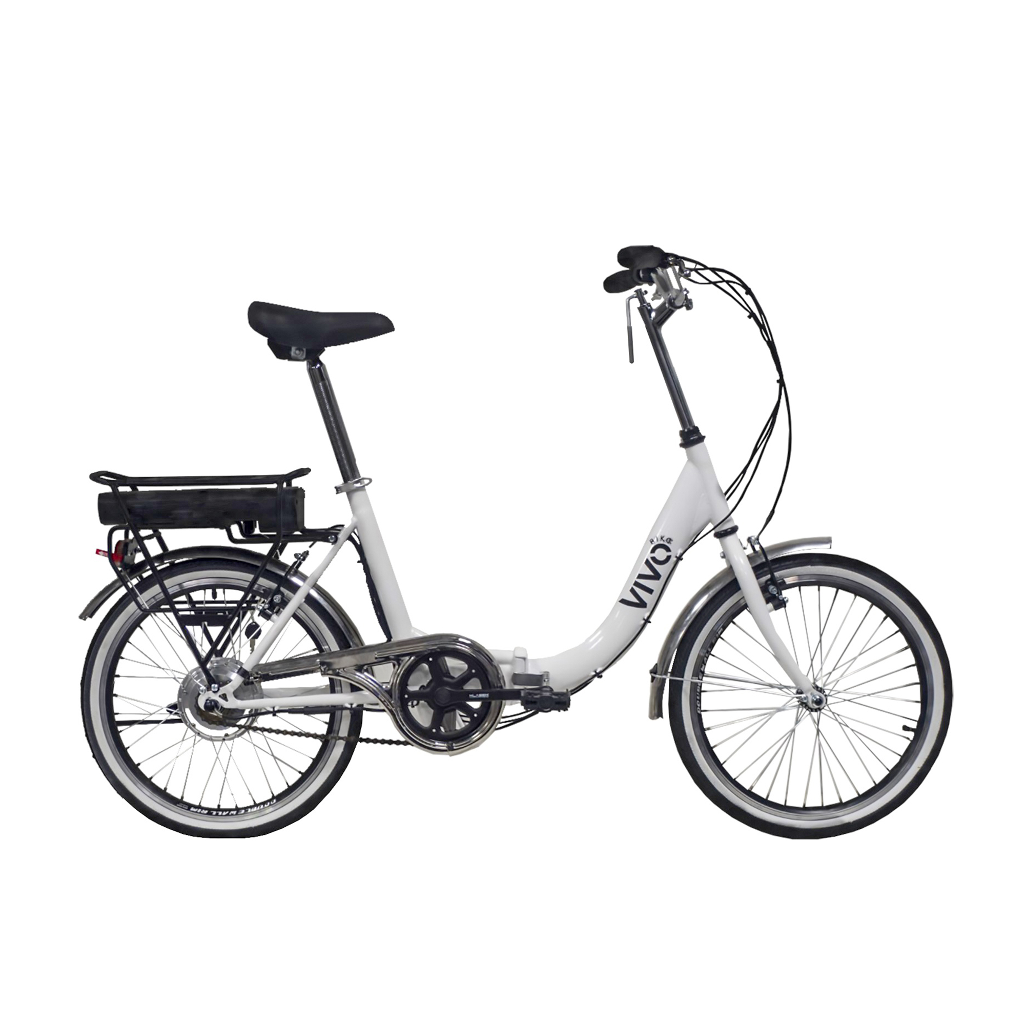 Una bicicletta pieghevole bianca con sella, portapacchi e pneumatici neri.