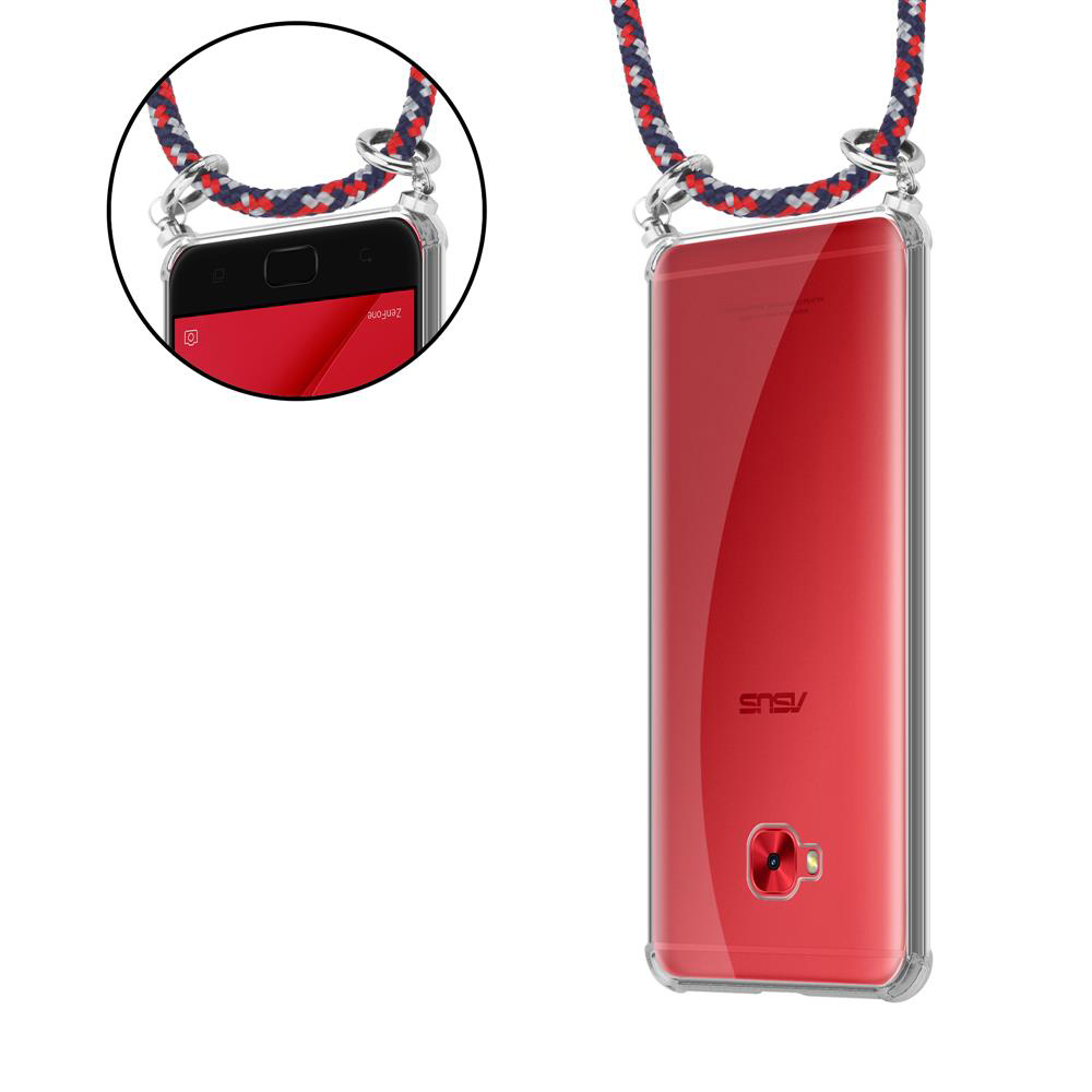 Ein rotes Smartphone in einer transparenten Hülle mit einer Schnur.