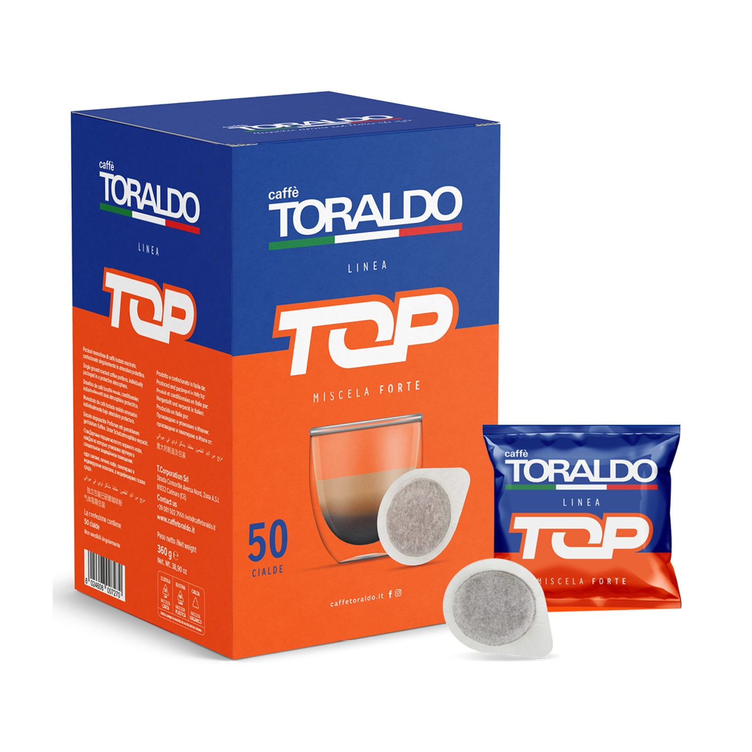 Capsule di caffè Torraldo Coffee Top Mixture Forte in scatola e confezione singola.