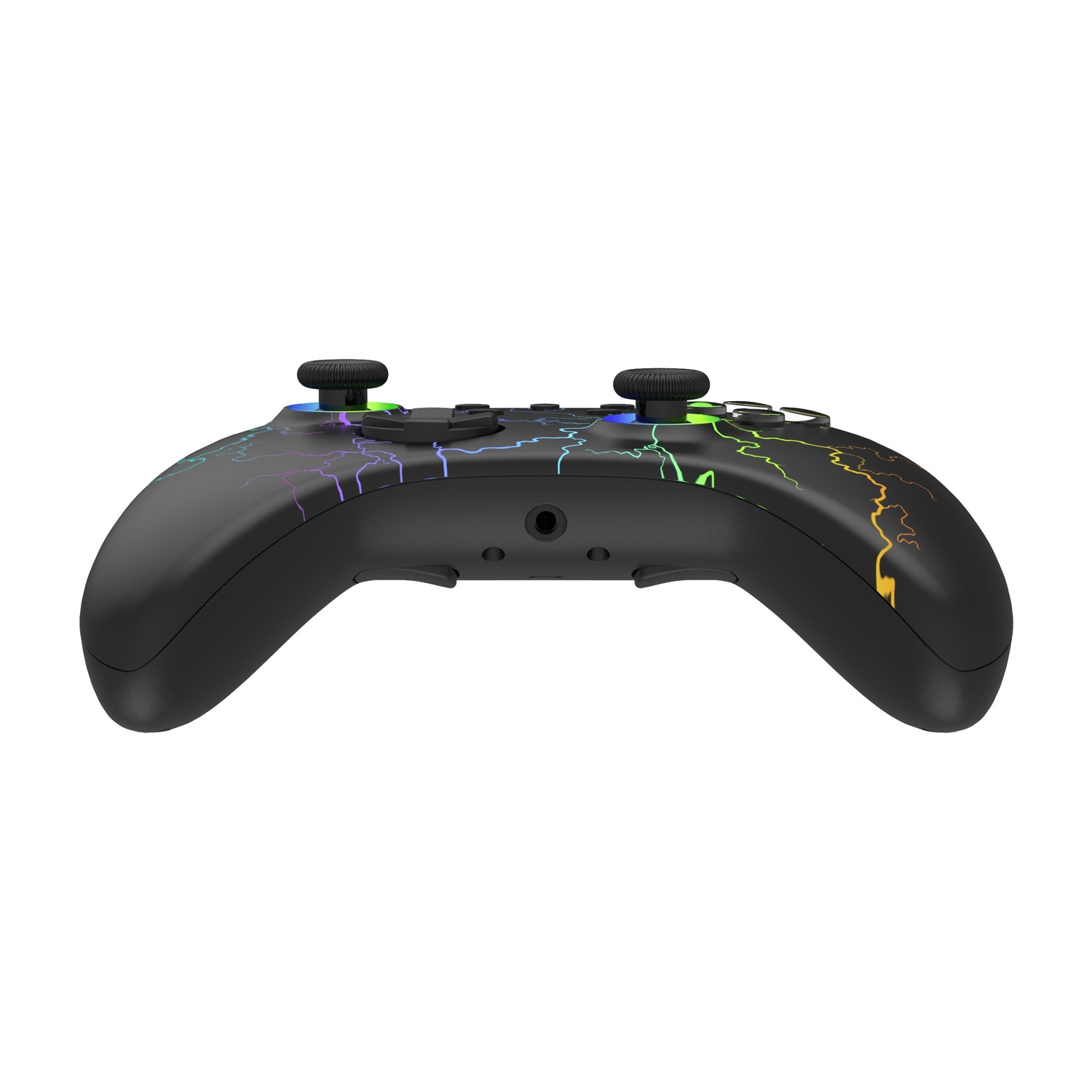 Controller da gioco nero con motivi a fulmine colorati e joystick illuminati.