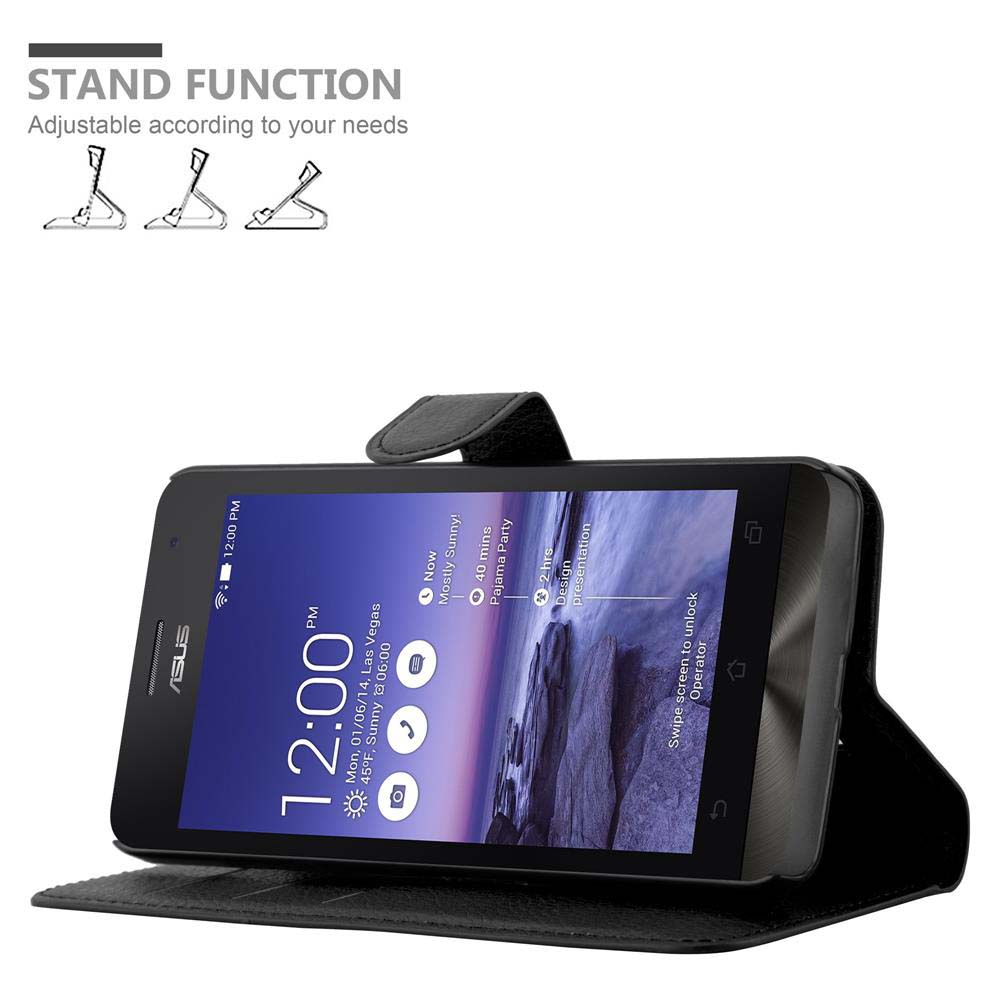 Telefono ASUS nero in custodia con supporto che mostra la schermata di blocco con ora e meteo.