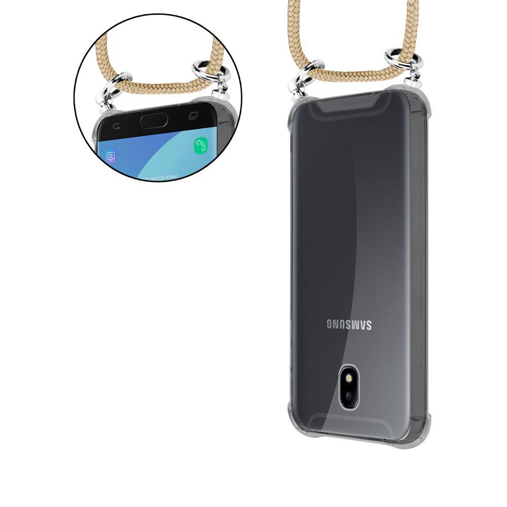 Transparentes Samsung Handy mit beige'm Trageband, Vorder- und R&uuml;ckansicht.