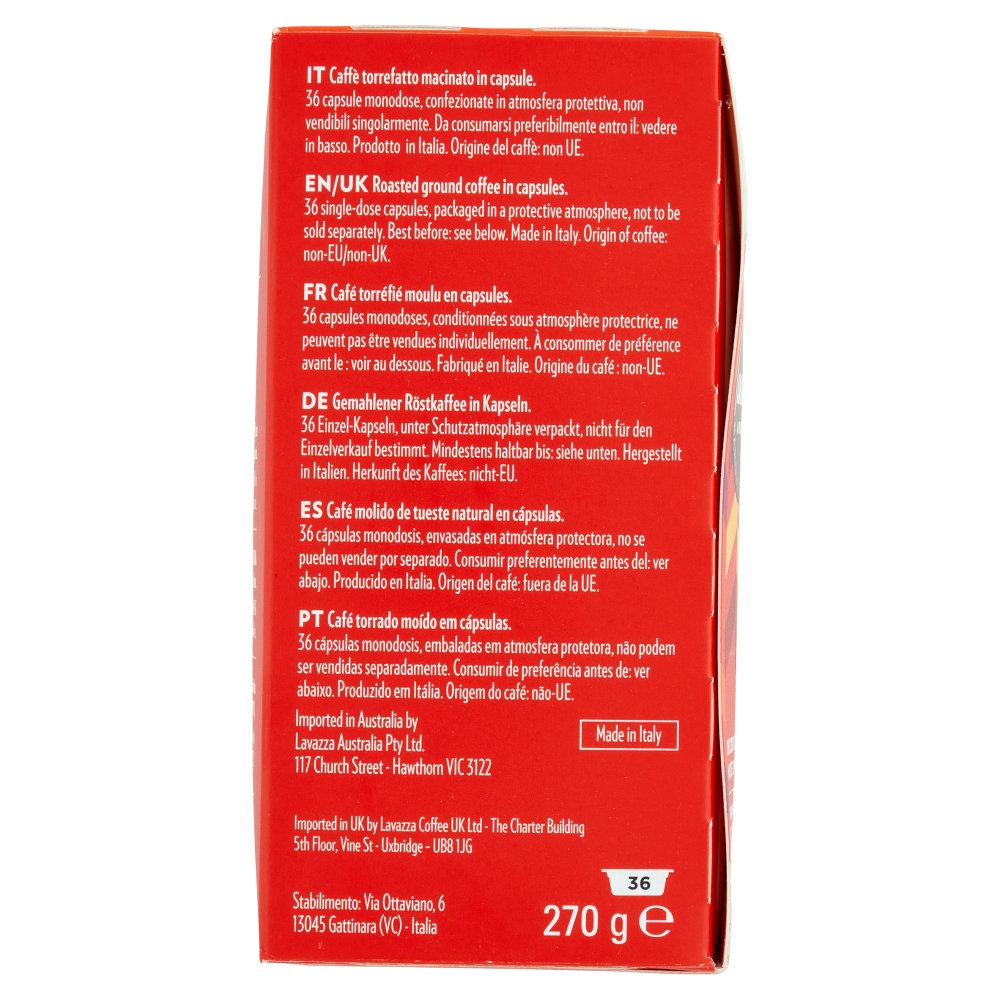 Confezione con informazioni sul caffè in più lingue, 36 capsule, 270g.