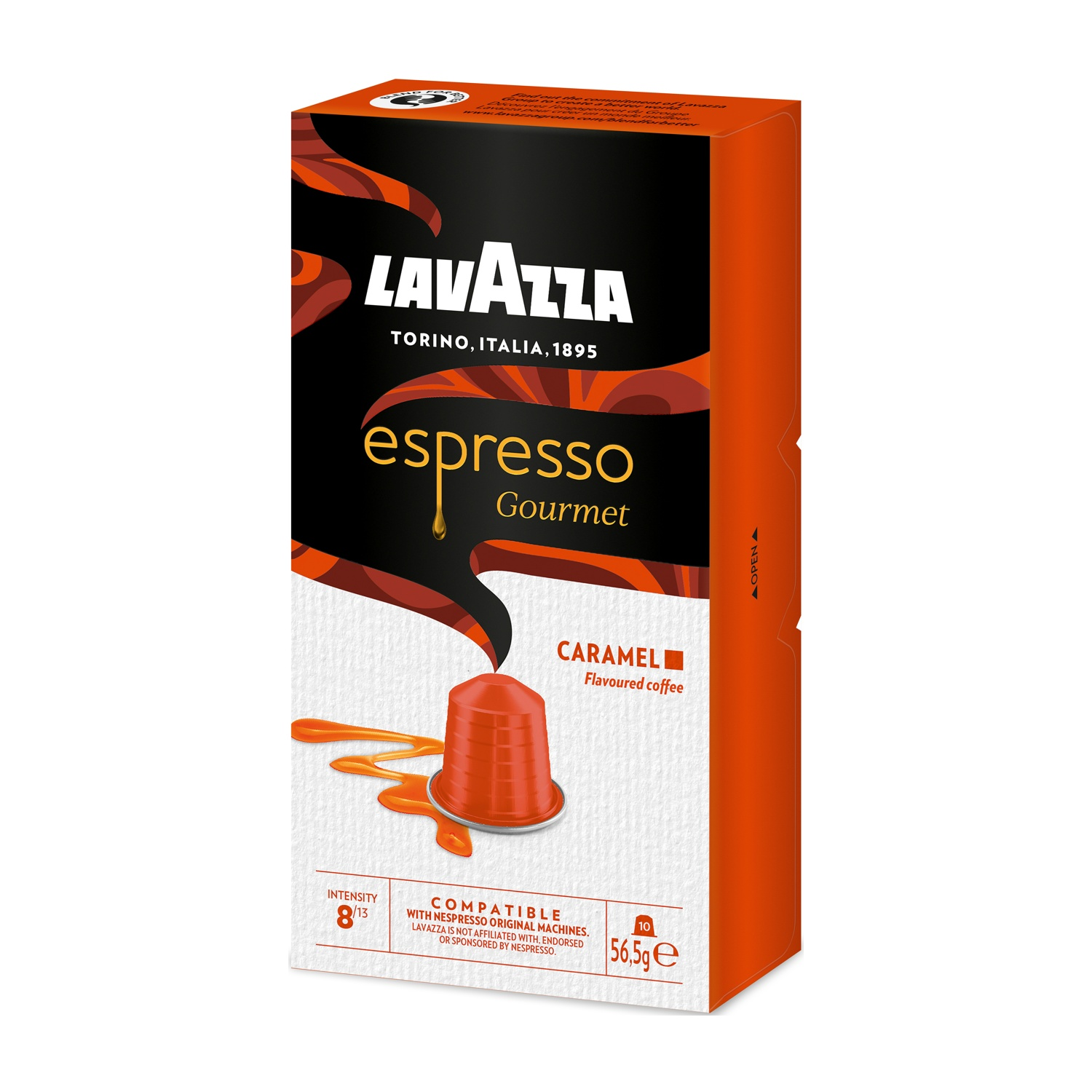 Scatola caffè Lavazza Espresso Gourmet Caramel con capsula e design salsa caramello.