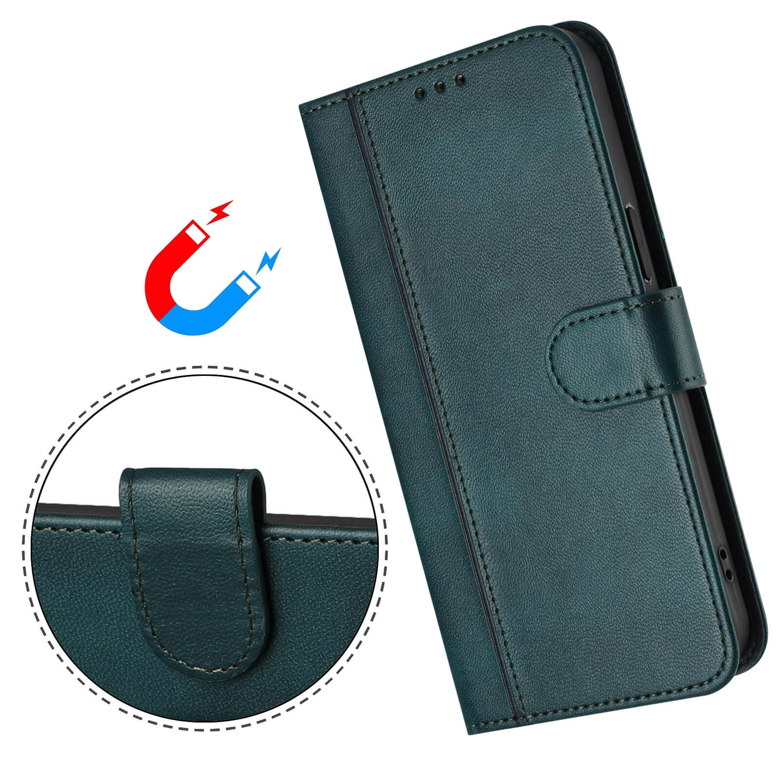 Custodia in pelle verde scuro per telefono con chiusura magnetica e cinturino.