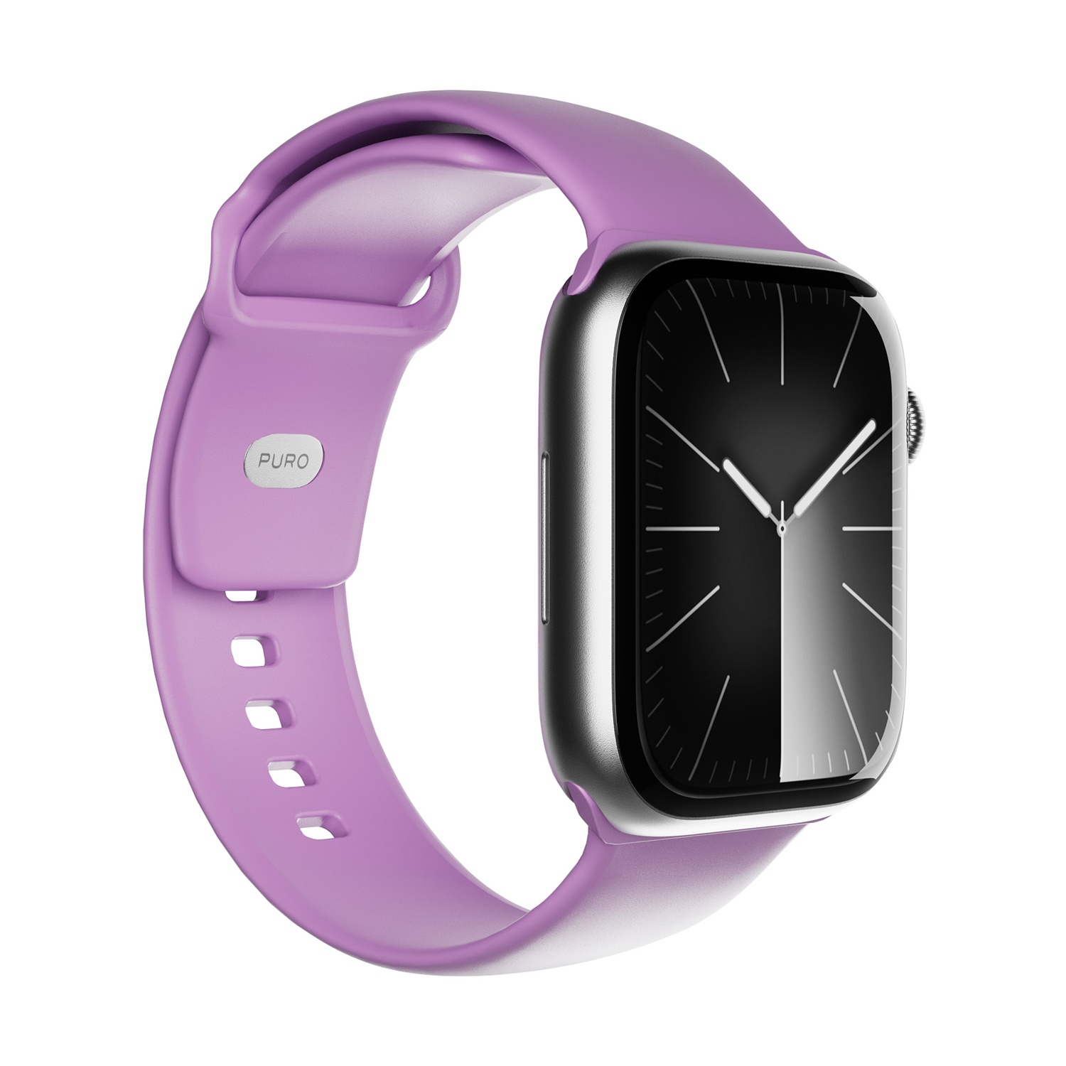 Fioletowy smartwatch ze srebrną kopertą i czarną tarczą.