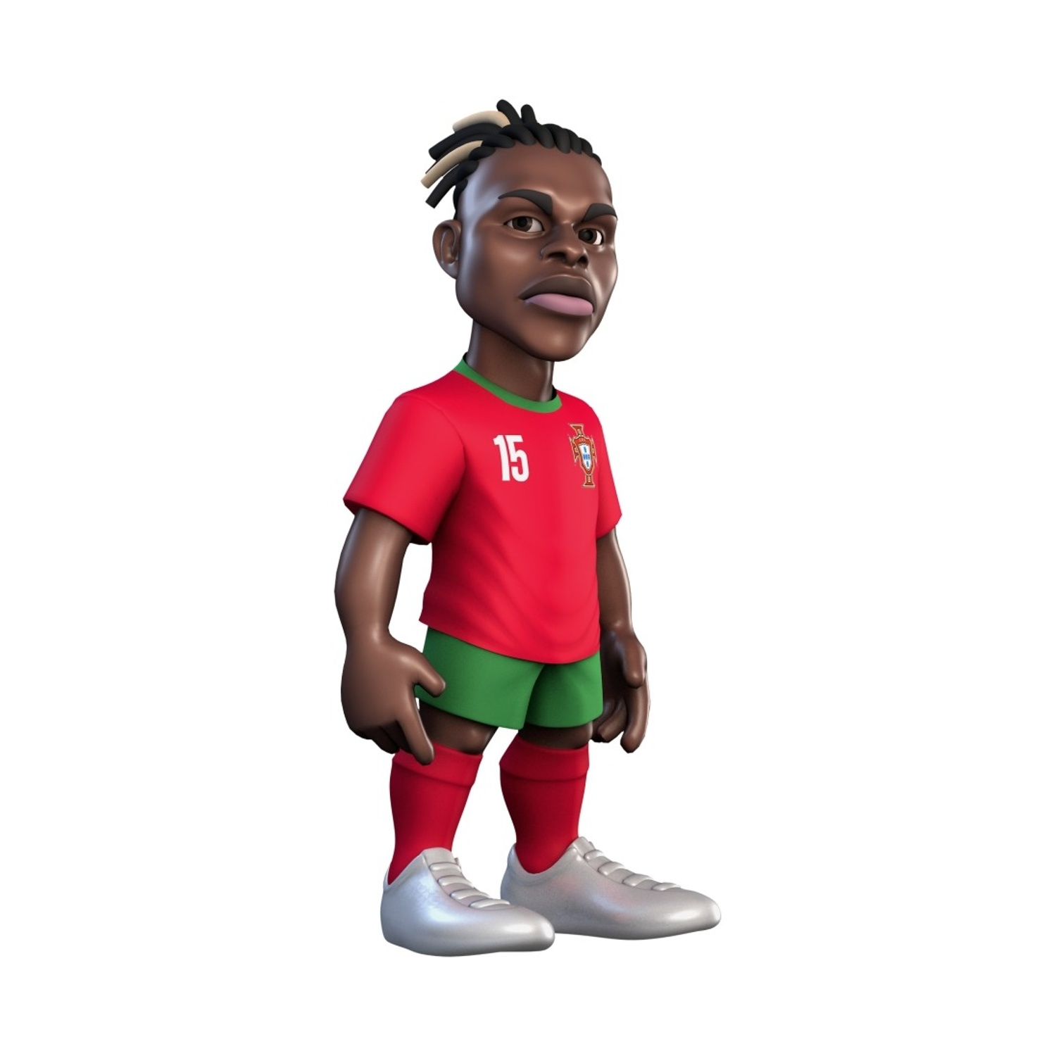Un calciatore cartone animato in maglia rossa numero 15 e pantaloncini verdi.