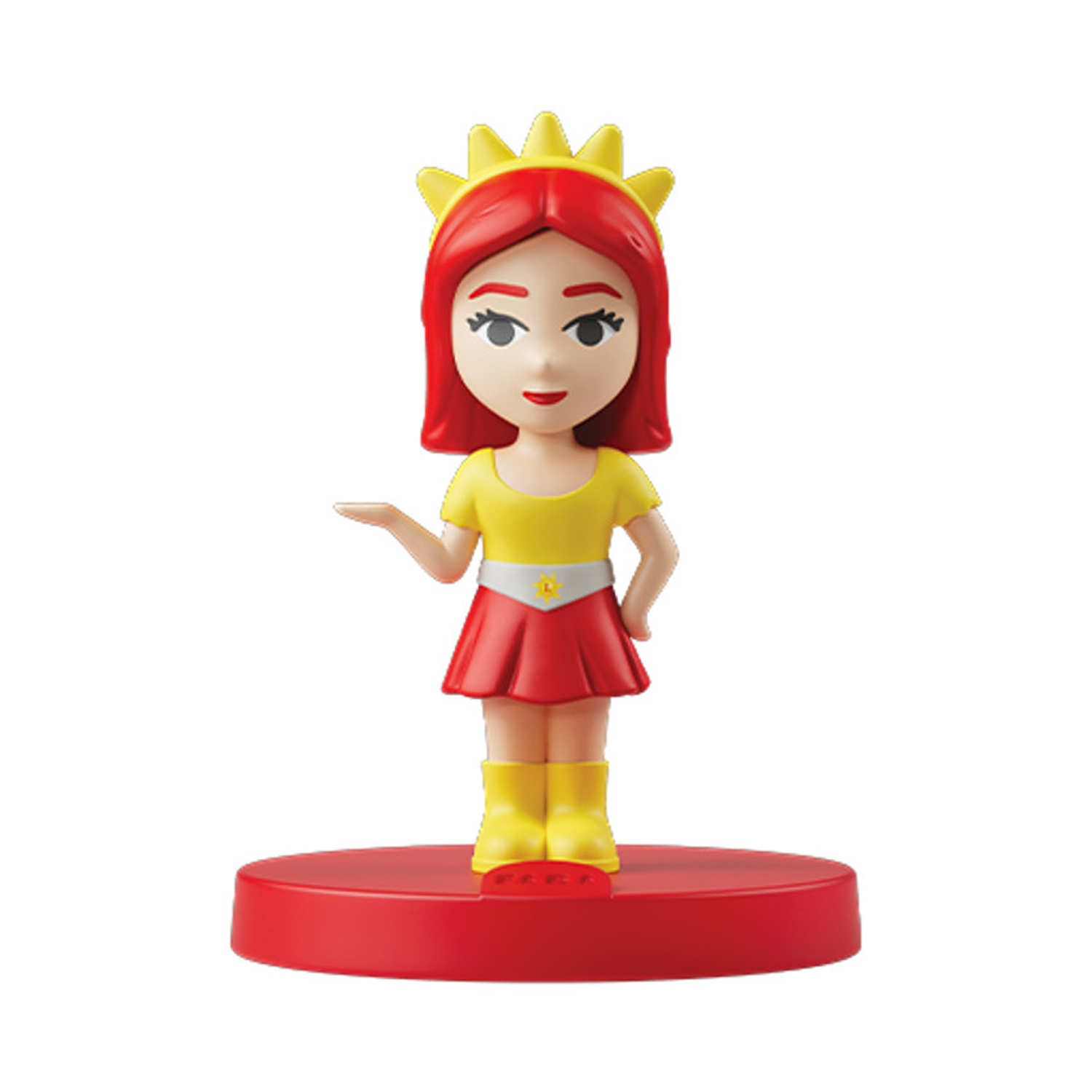 Una figura con capelli rossi, top giallo e gonna rossa su base rossa.