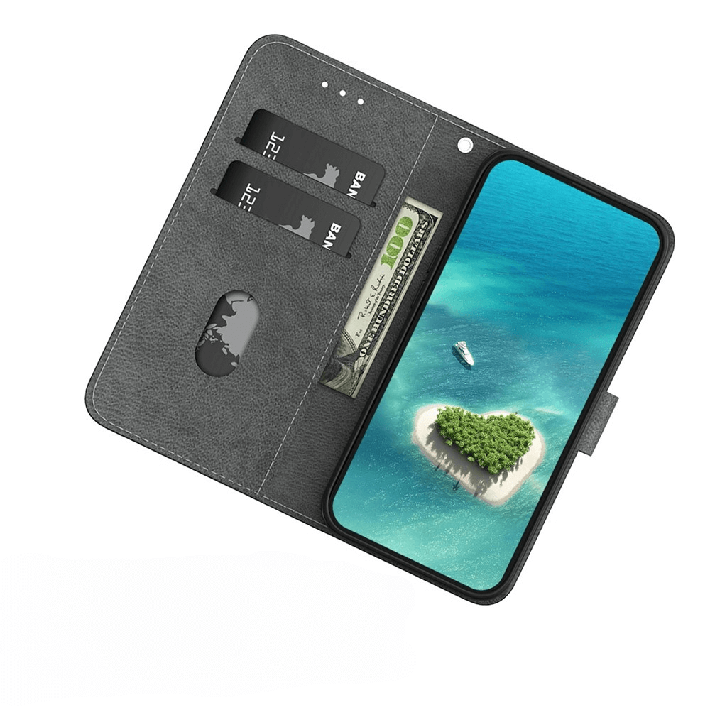 Custodia a libro grigia per telefono con porta carte, denaro e schermo isola a cuore.