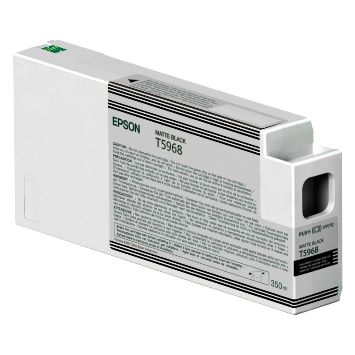 Tusz Epson Matte Black T5968 z ostrzeżeniami i pojemnością 350ml.