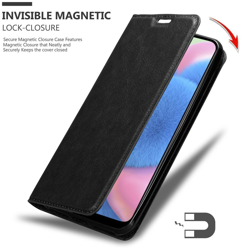 Custodia nera per telefono con chiusura magnetica aperta e icona di magnete.