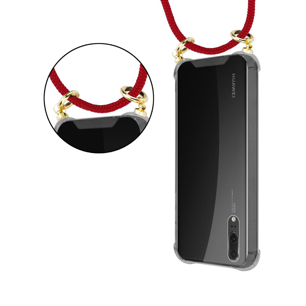 Uno smartphone nero in custodia trasparente con cordino rosso.