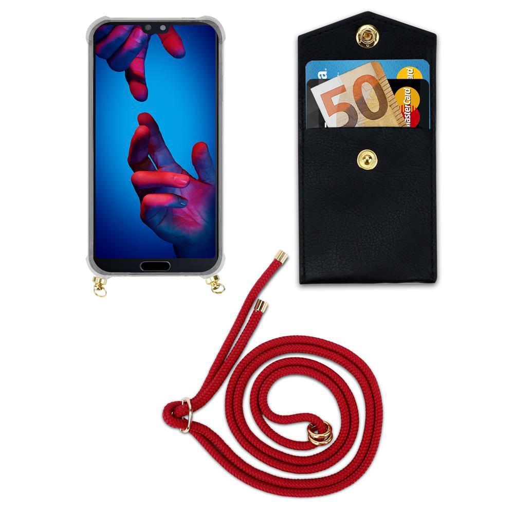 Smartphone in custodia, tasca nera con carte e soldi, corda rossa.