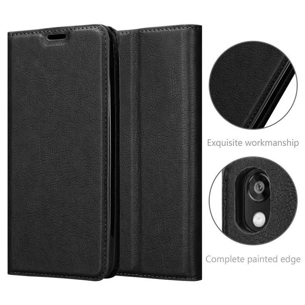 Custodia a libro in pelle nera con cuciture e dettagli.
