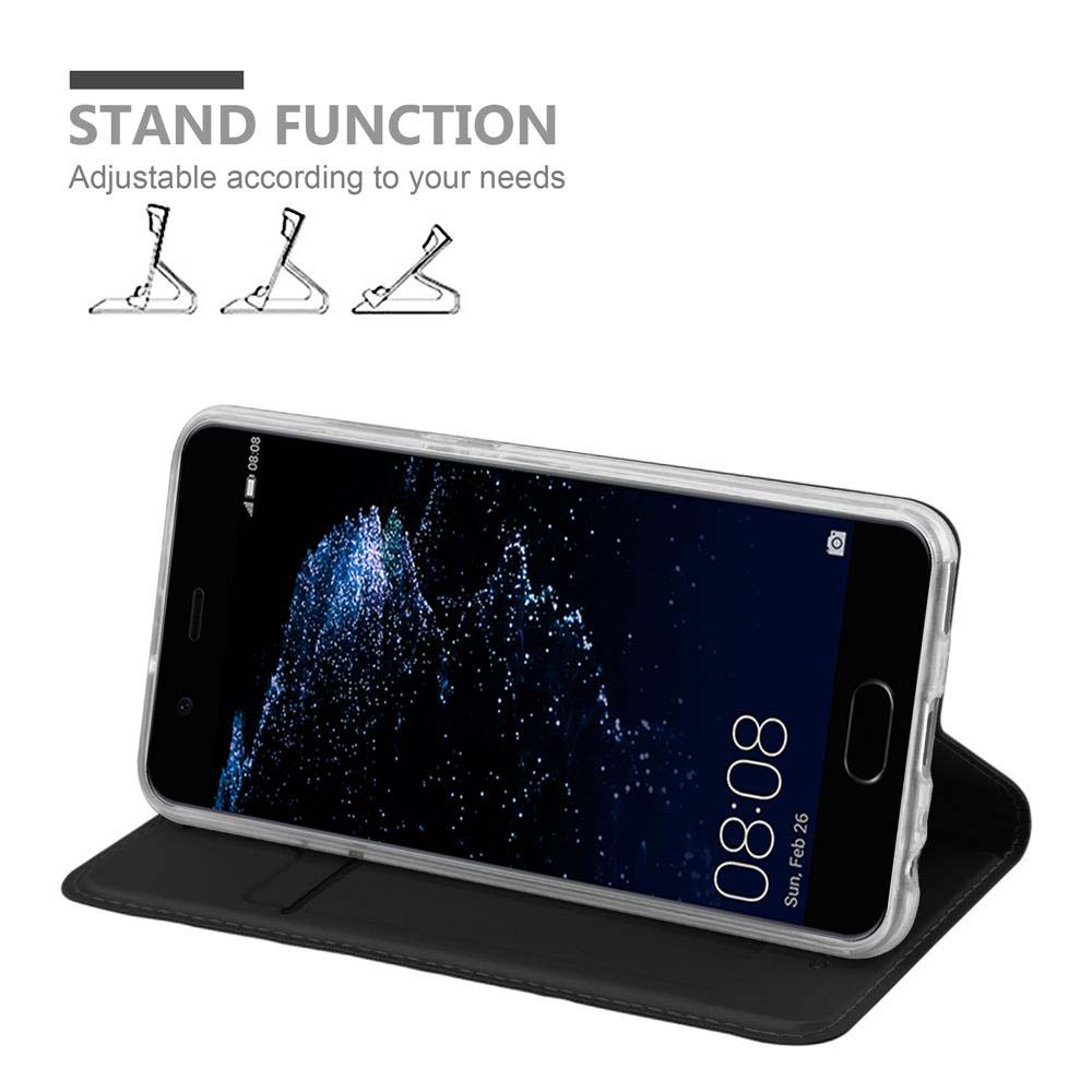 Un telefono in custodia nera con funzione stand e tre angolazioni regolabili.