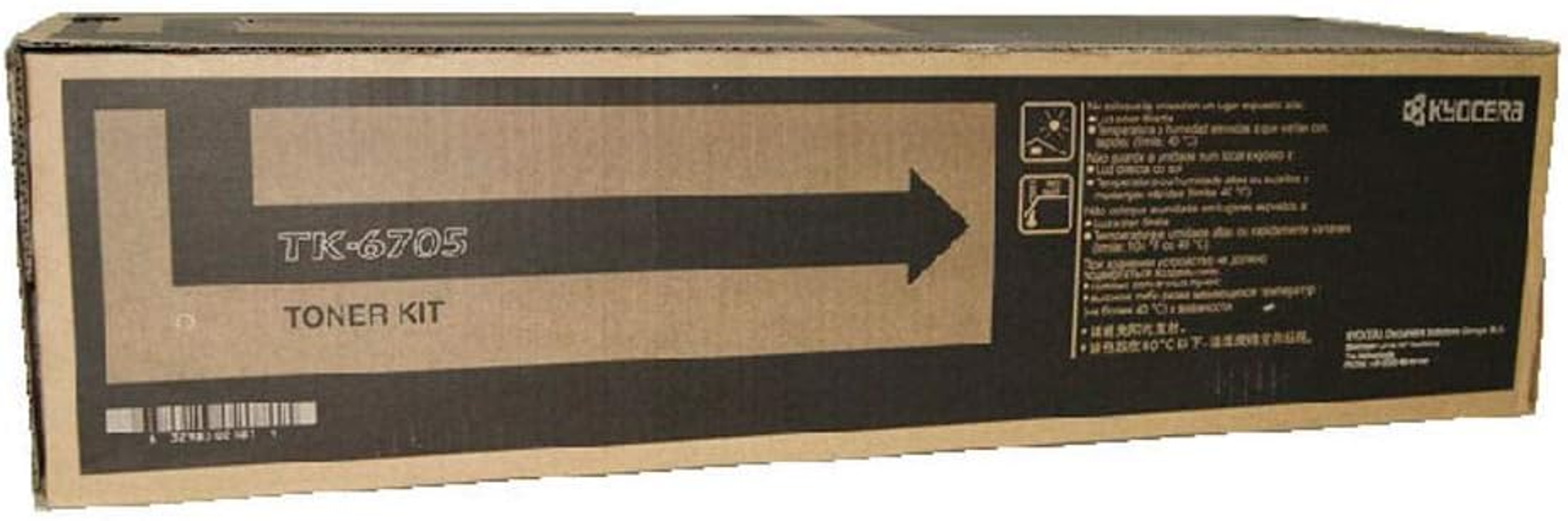 Pudełko tonera Kyocera TK-6705 ze strzałką i kodem kreskowym.