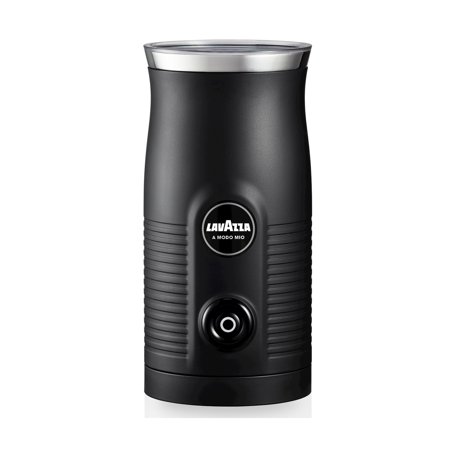 Espumador de leche Lavazza negro con tapa plateada y botón negro.