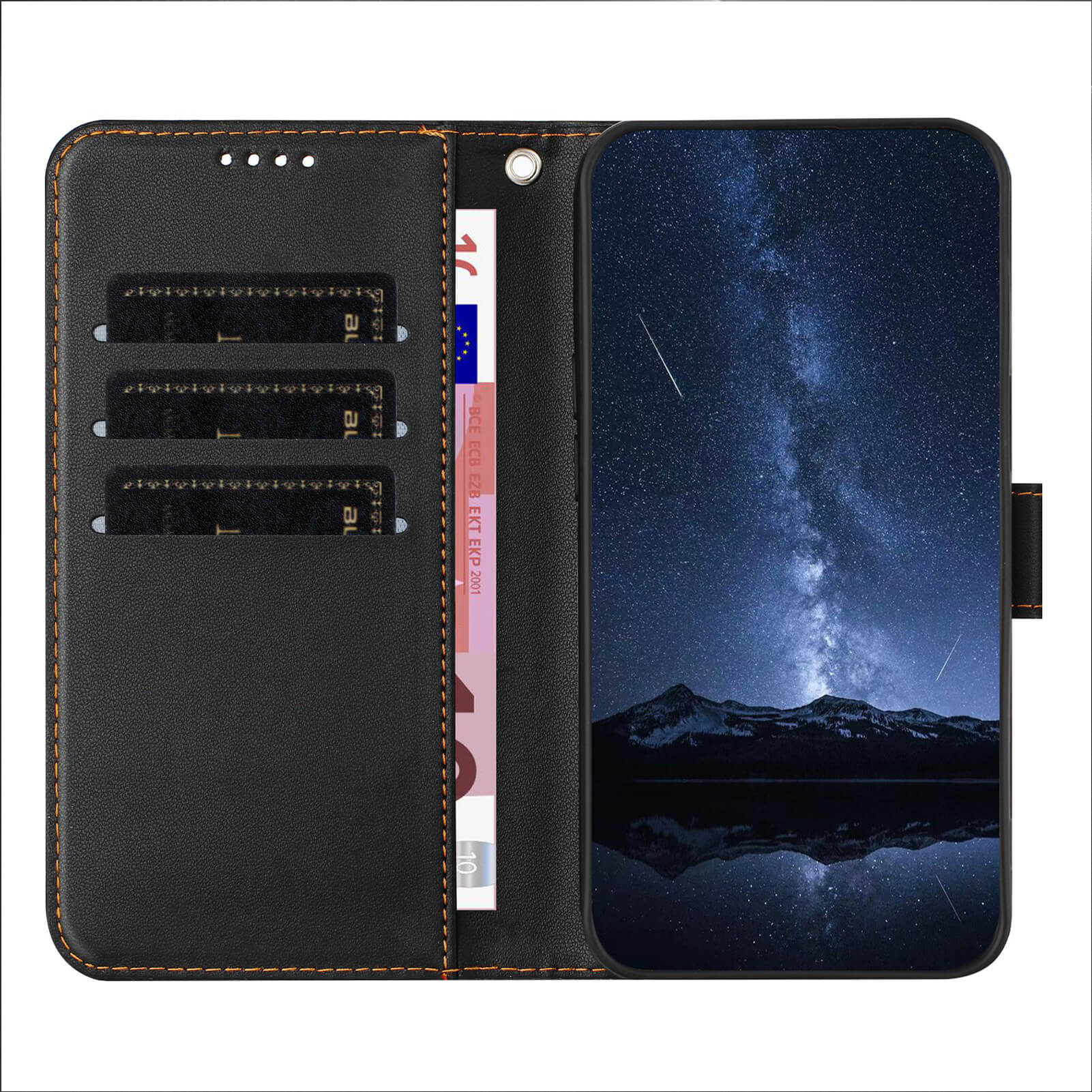 Portafoglio nero con porta carte e cover telefono con cielo stellato.