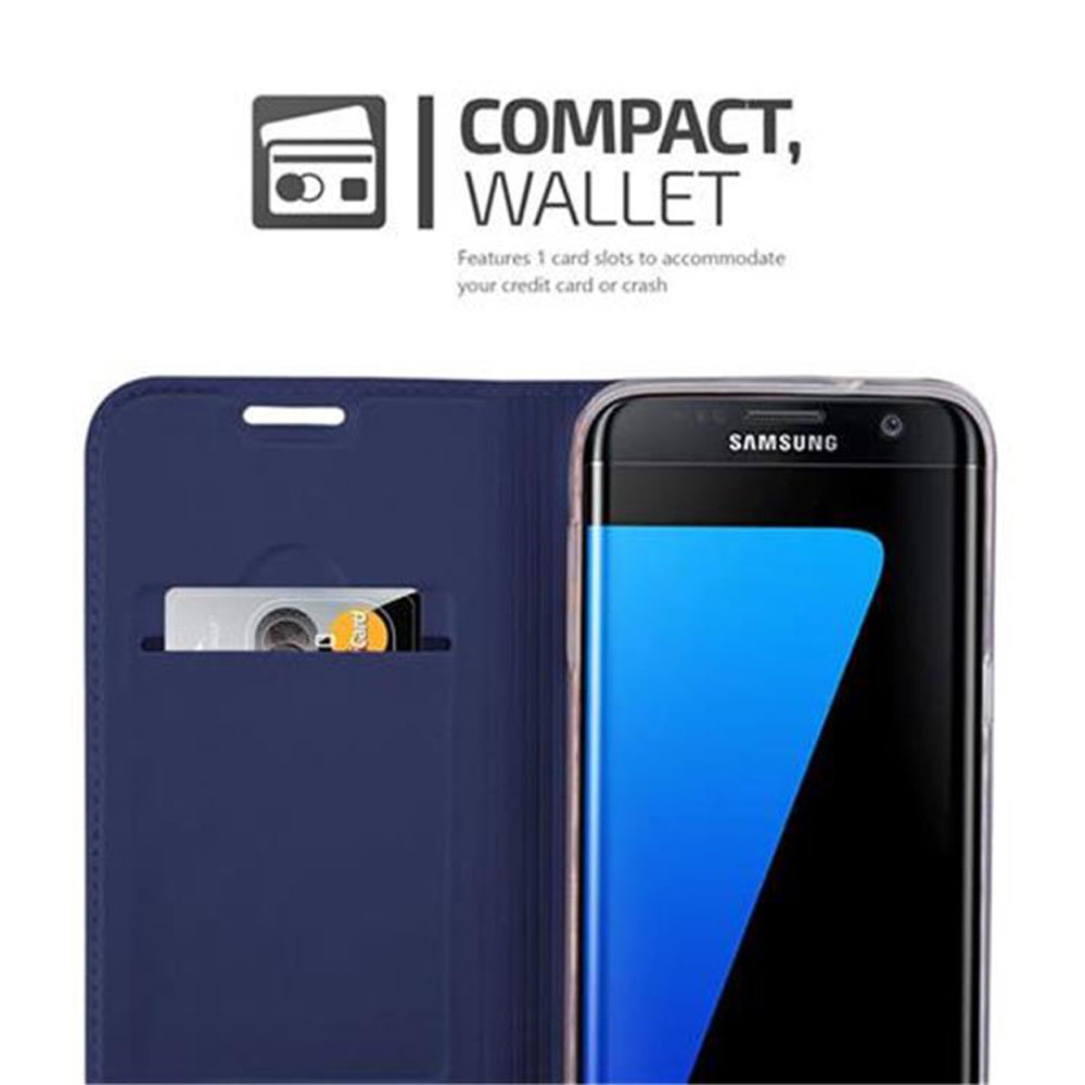 Custodia a portafoglio blu scuro con uno slot per carte e uno smartphone Samsung.
