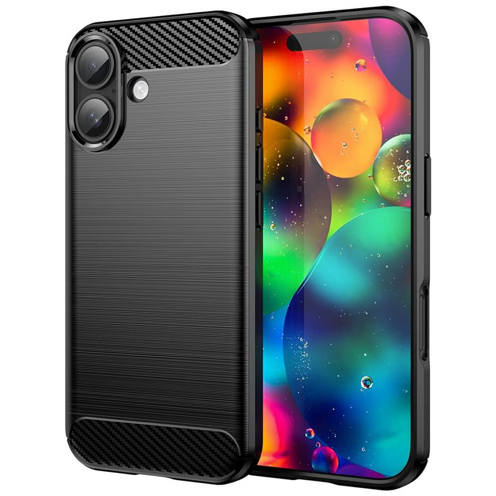 Cover nera per telefono con accenti in carbonio accanto a uno smartphone con sfondo colorato.