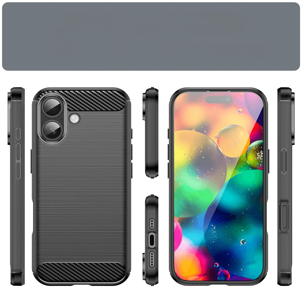 Custodia nera per telefono con motivo carbonio e telefono con sfondo colorato.