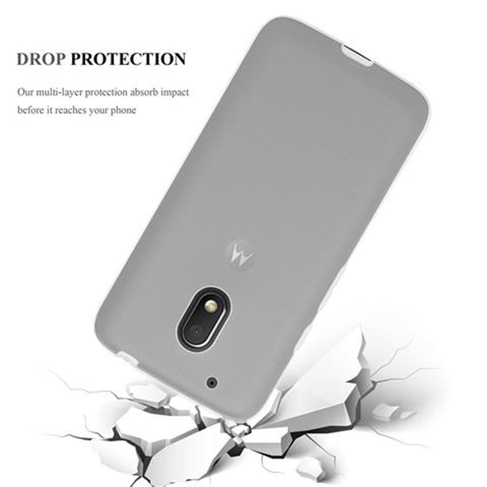 Una cover grigia per telefono cade su un terreno bianco e frantumato.