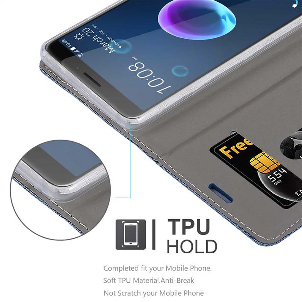 Custodia grigia per telefono con porta carte. Mostra uno smartphone con ora e data.