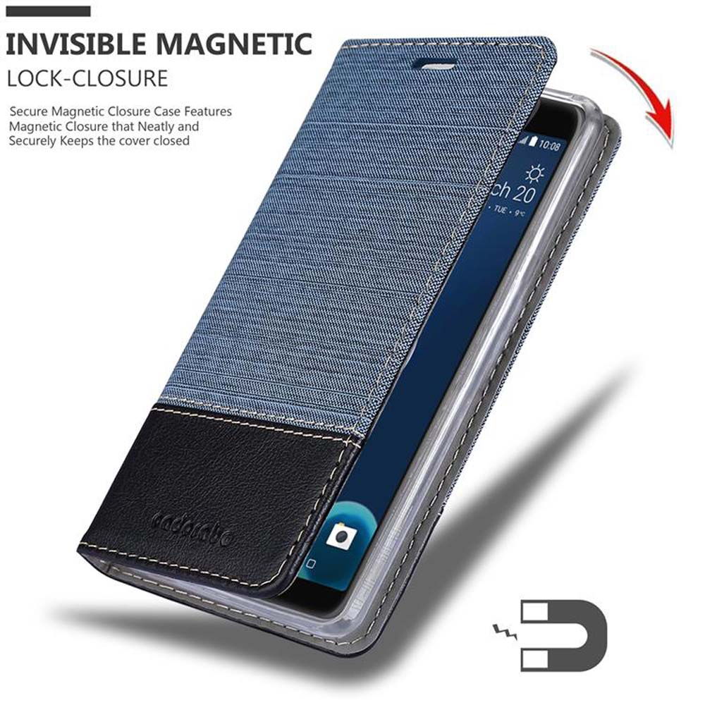 Custodia per telefono in denim blu con pelle nera, chiusura magnetica.
