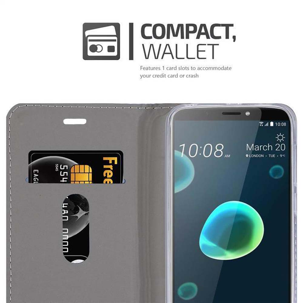Custodia a portafoglio grigia con telefono e fessure per carte. Testo: COMPACT, WALLET.