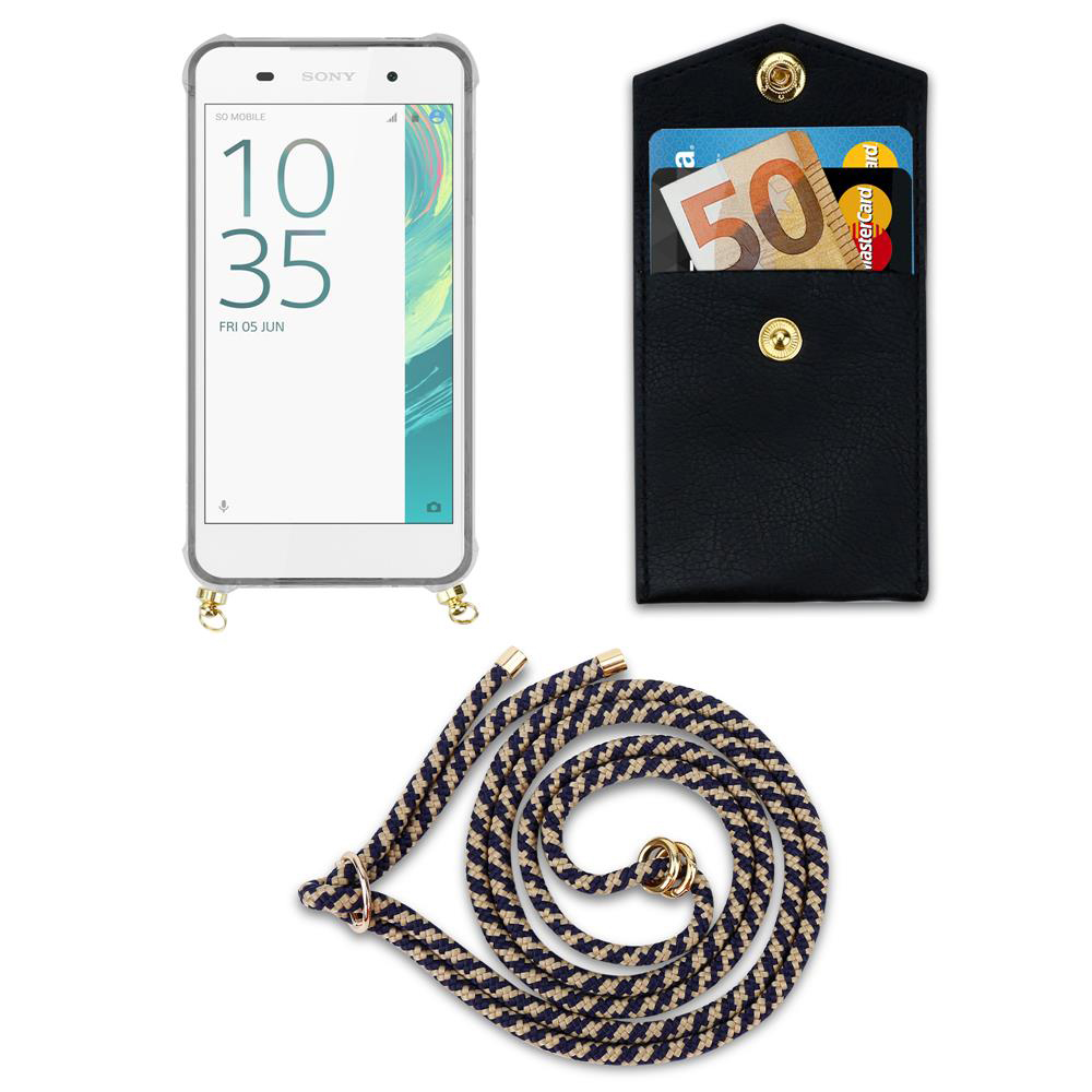 Smartphone mit Hülle, schwarze Brieftasche mit Geld und Karten, Kordel.