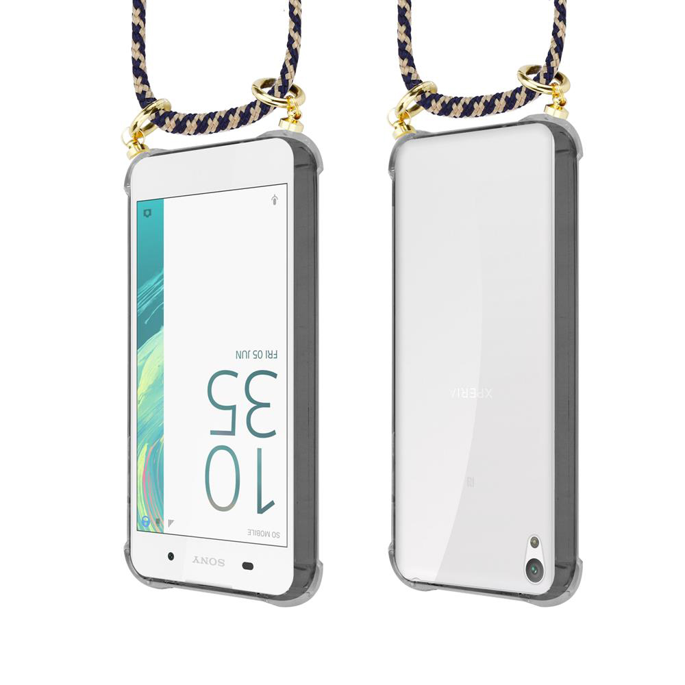 Zwei Sony Xperia Handys mit Trageschlaufe, Vorder- und Rückansicht.