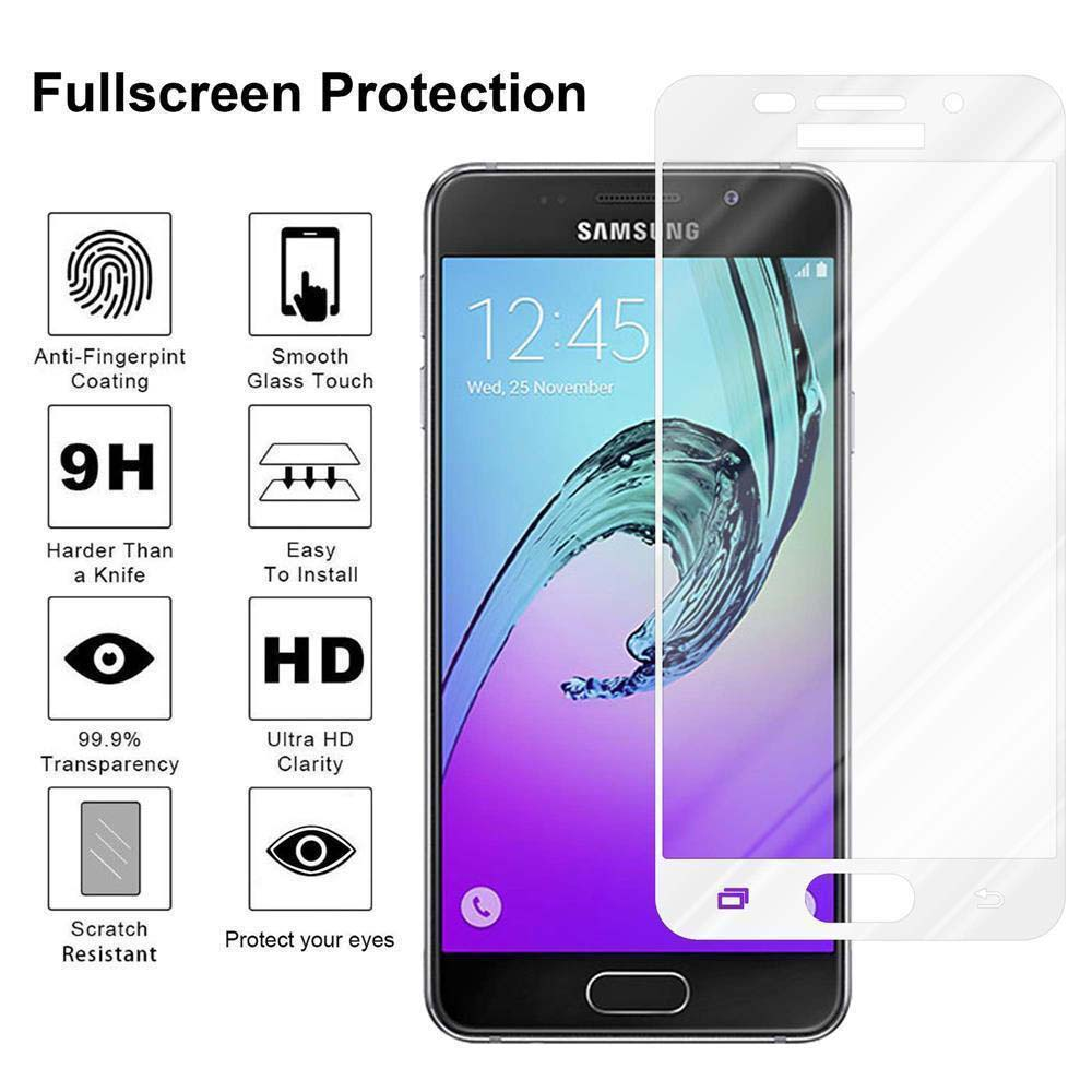 Muestra un teléfono Samsung con características de protector de pantalla: Antihuellas, 9H, Claridad HD.