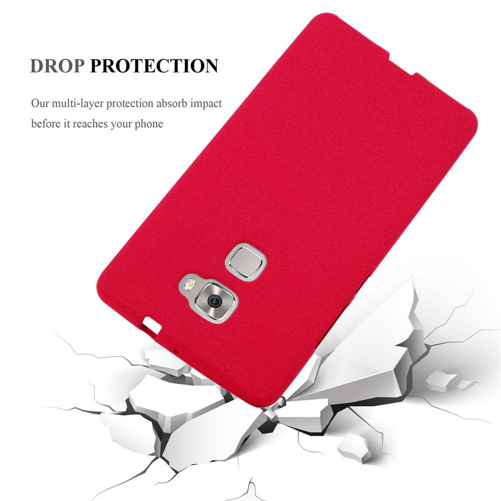 Rote Handyhülle stürzt auf zerbrochenen Boden. Text: Drop Protection.