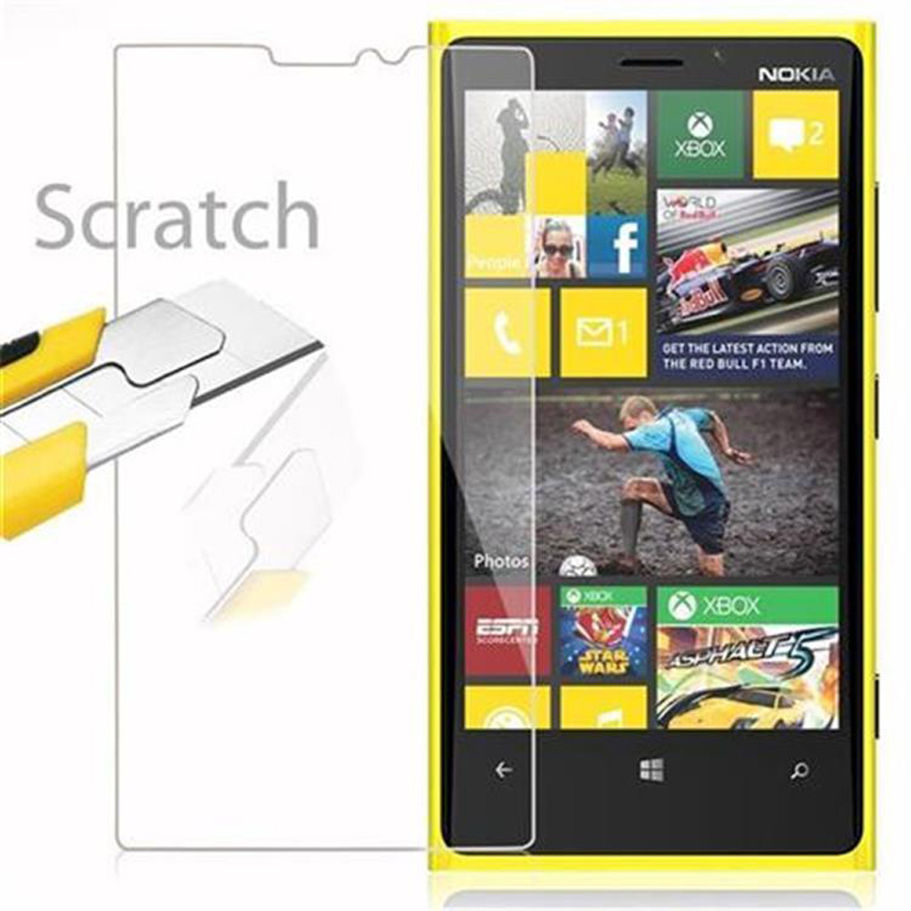 Uno smartphone Nokia giallo con protezione schermo e taglierino. Lo schermo mostra app.